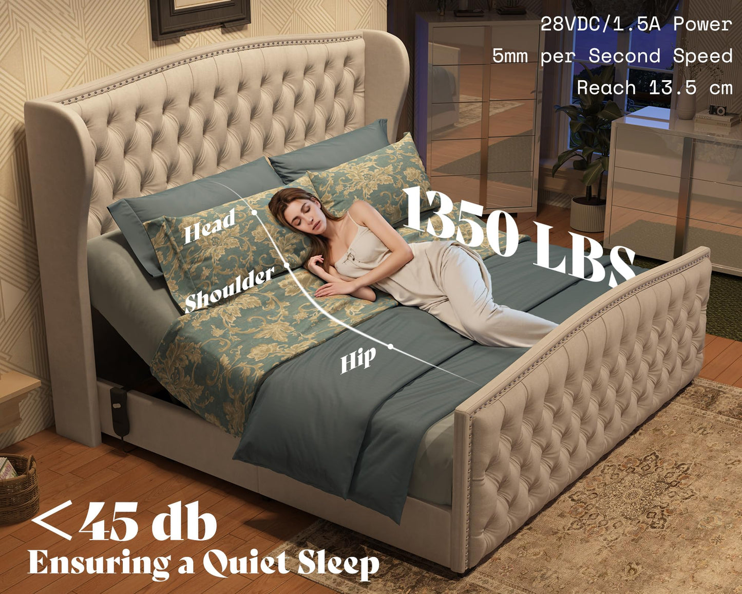 AMERLIFE King Size Adjustable Bed Frame with 51" H Velvet Upholstered and Deep Button Tufted Headboard, Electric Bed with Dual Motor/Nailhead Trim Wingback, No Box Spring Needed, Cream