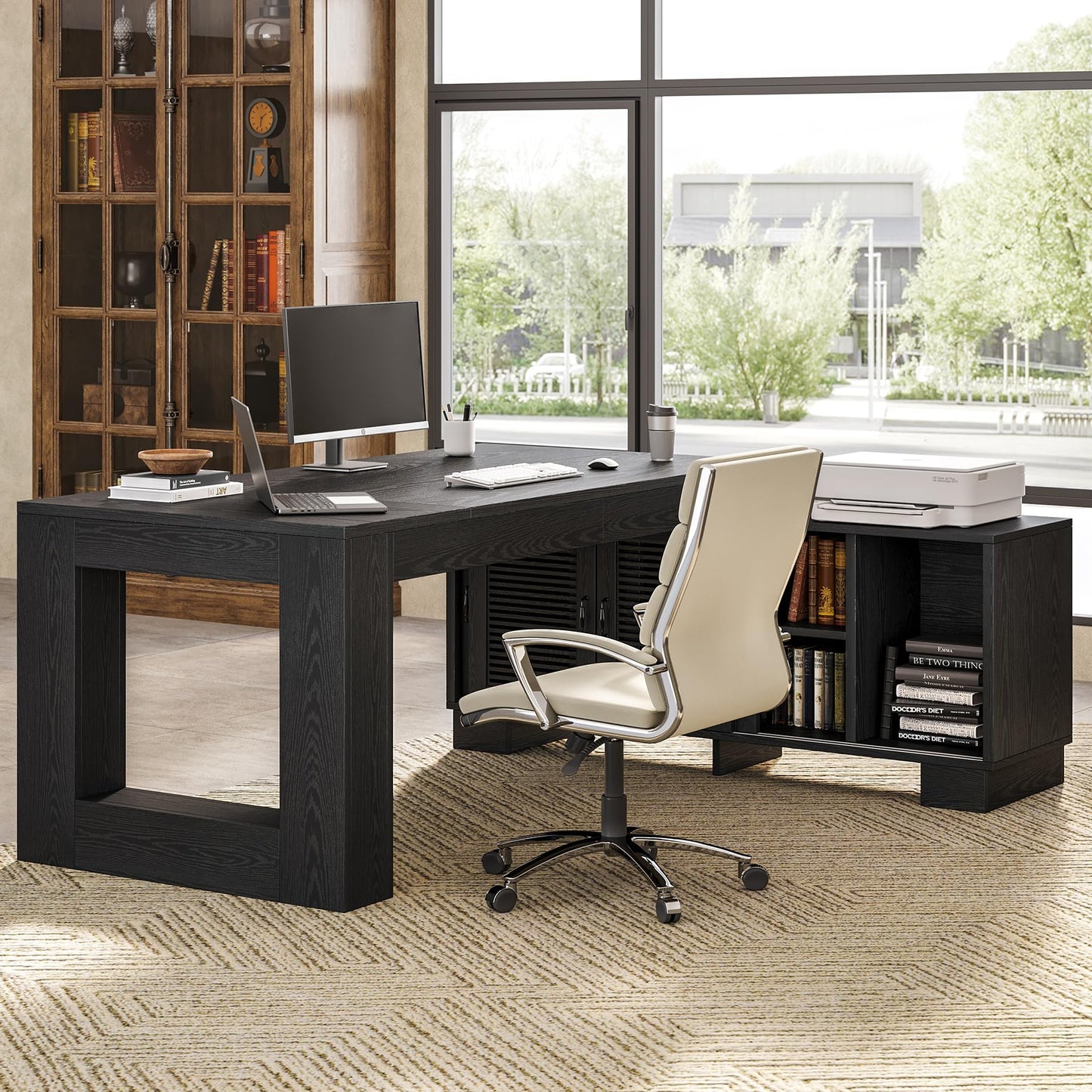 LITTLE TREE L Shaped Executive Desk, Large 63" Executive Desk with File Cabinet, Modern L Shaped Desk, Corner Computer Desk for Home Office & Business Furniture Workstation, Black
