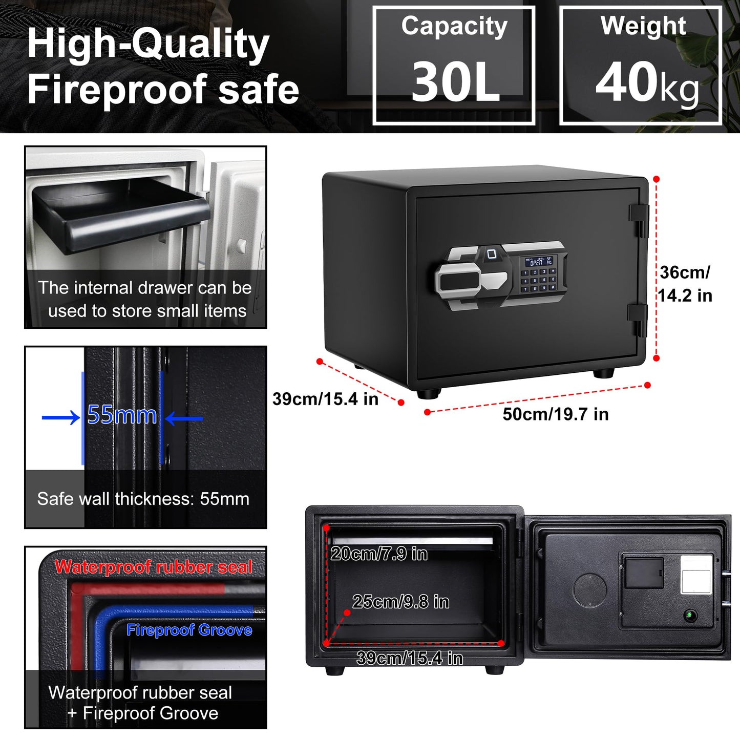 Waterproof and Fireproof Safe Box,Fingerprint and Digital,88 lbs Heavy,1 Hours Fire Proof Safes,Silent Mode Backlit Keypad,Home Safes Box for Medicine Money Valuables Document (Black, 88 LBS)