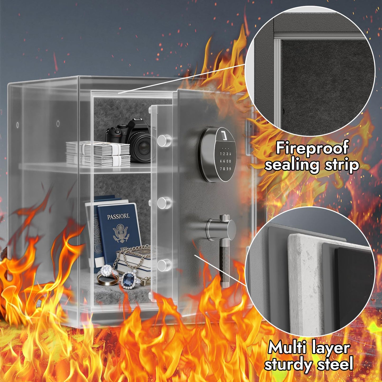 KEAR Fireproof Safe for Home, 4.5 Cub Large Heavy Duty Safe with Solid Metal Handle& Removable Shelf, Biometric Waterproof Safe box, Steel Security Safe for Documents, Cash & Valuables(Black)