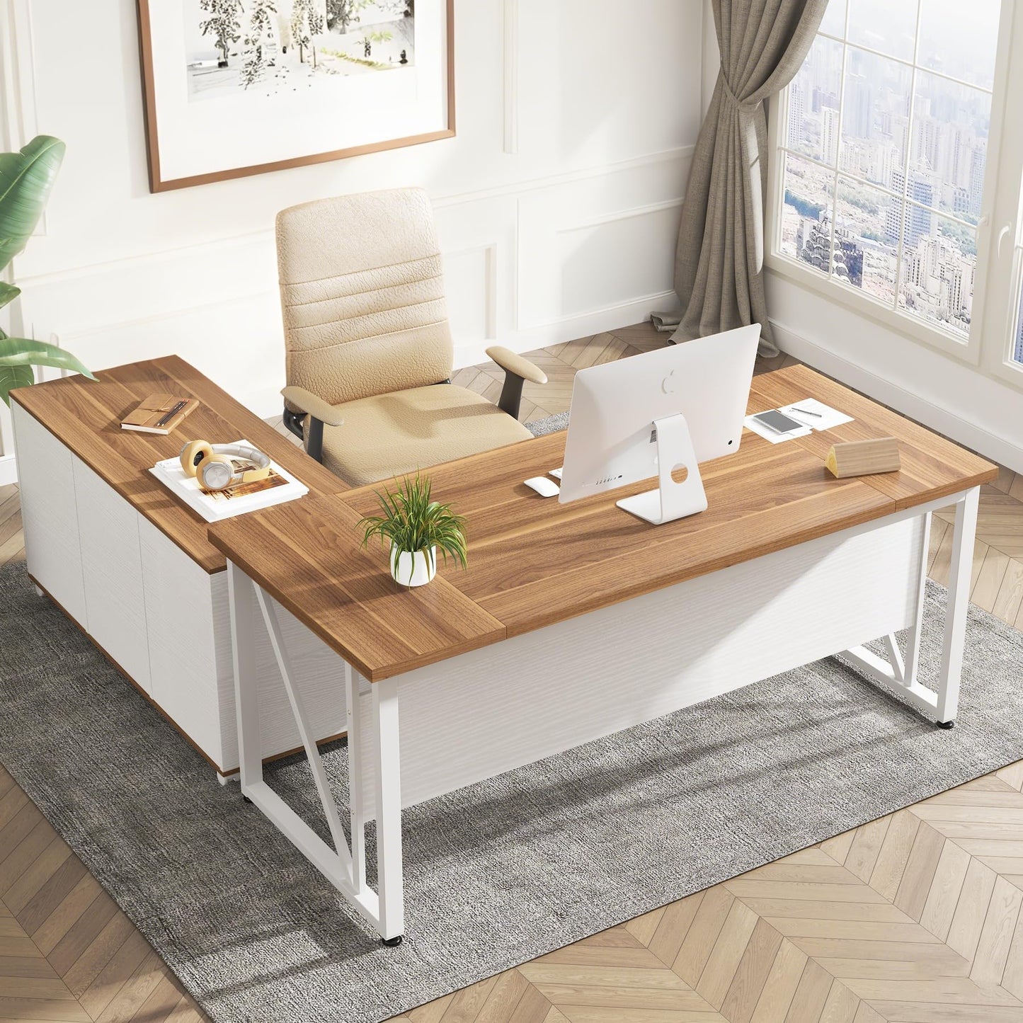 Tribesigns 63-Inch Executive Computer Desk with 47-Inch Lateral File Cabinet, Large Workstation Business Furniture, L Shaped Desk with Drawers and Storage Shelves for Home Office, Walnut & White