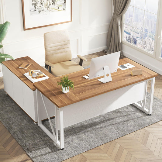 Tribesigns 63-Inch Executive Computer Desk with 47-Inch Lateral File Cabinet, Large Workstation Business Furniture, L Shaped Desk with Drawers and Storage Shelves for Home Office, Walnut & White