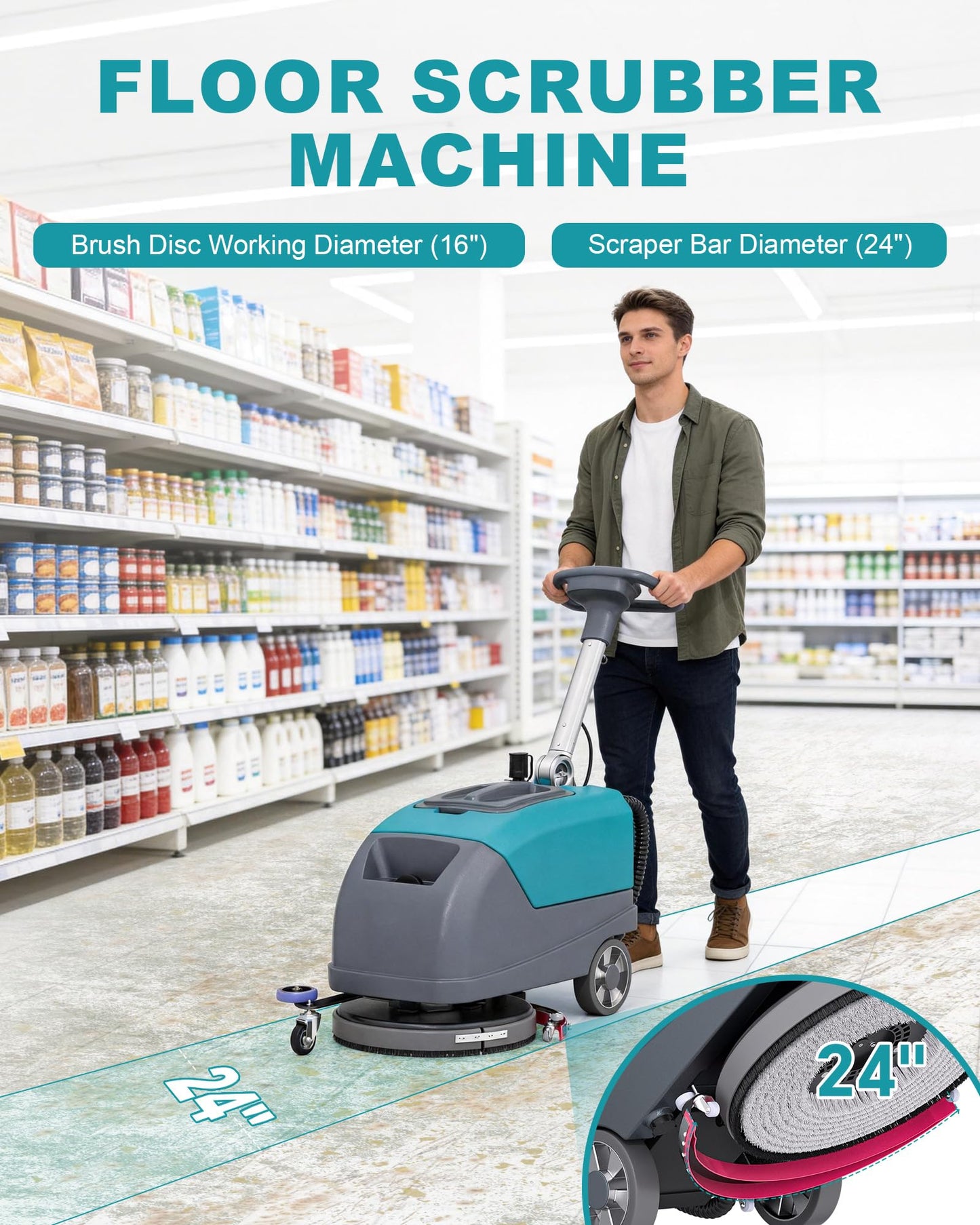 C5 16" Walk-Behind Commercial Floor Scrubber Machine, 500W Motor