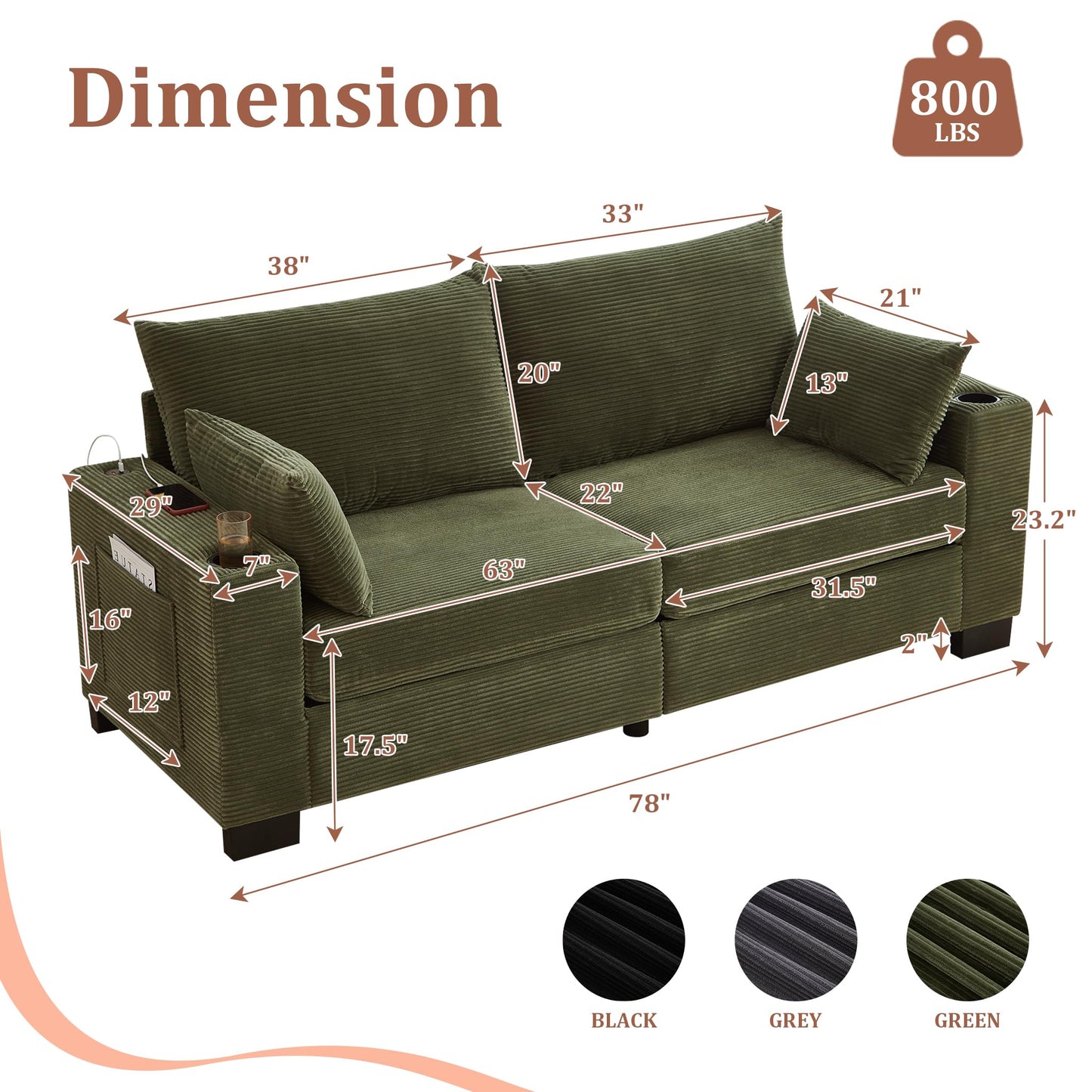 78" Cloud Loveseat Sofa, Modern 2 Seater Loveseat Couch with Dual Cup Holders & USB Charging Ports, Comfy Corduroy Upholstered Sofa with Side Storage Pockets for Apartment