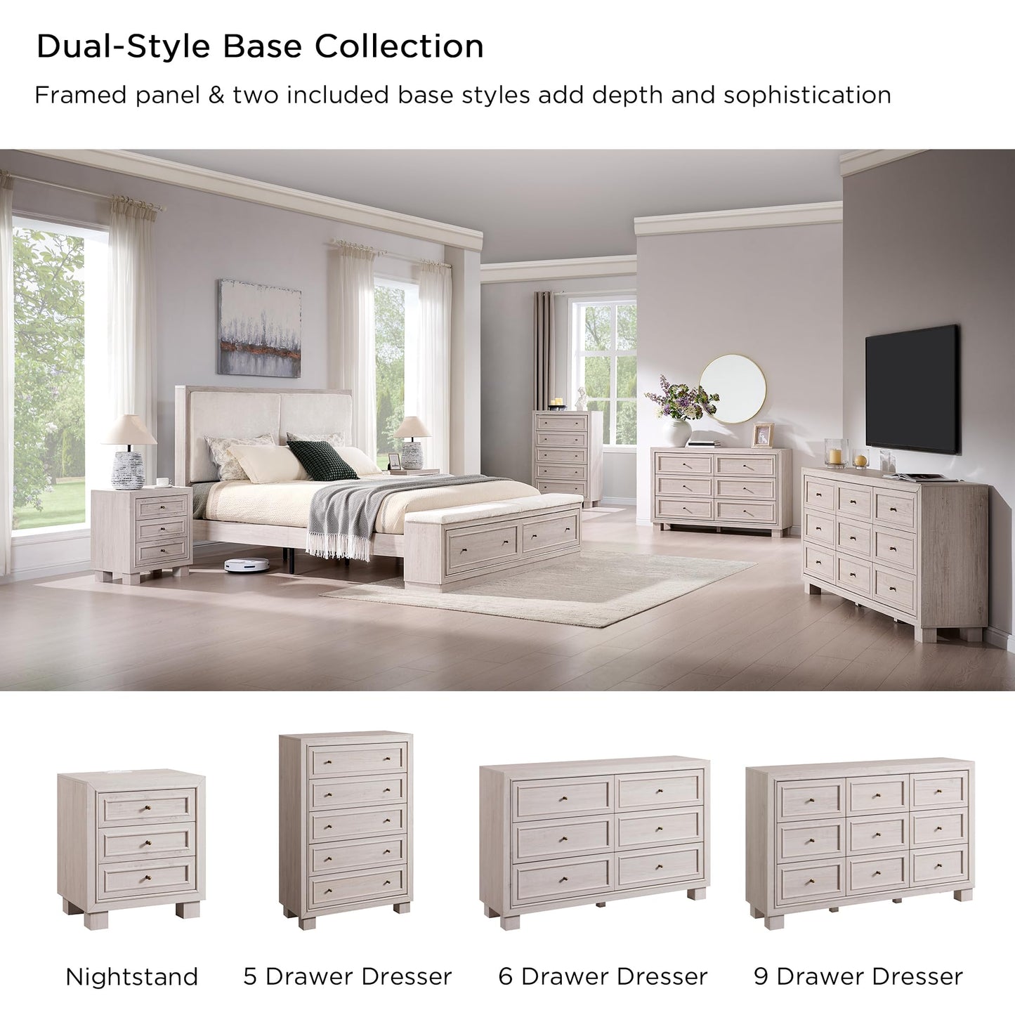 JXQTLINGMU Dresser for Bedroom with 6 Drawers, Two Included Base Styles, 52" Wide Closet Dresser TV Stand w/Storage, Wooden Mid Century Modern Chest of Drawers for Living Room, Hallway, White Alder