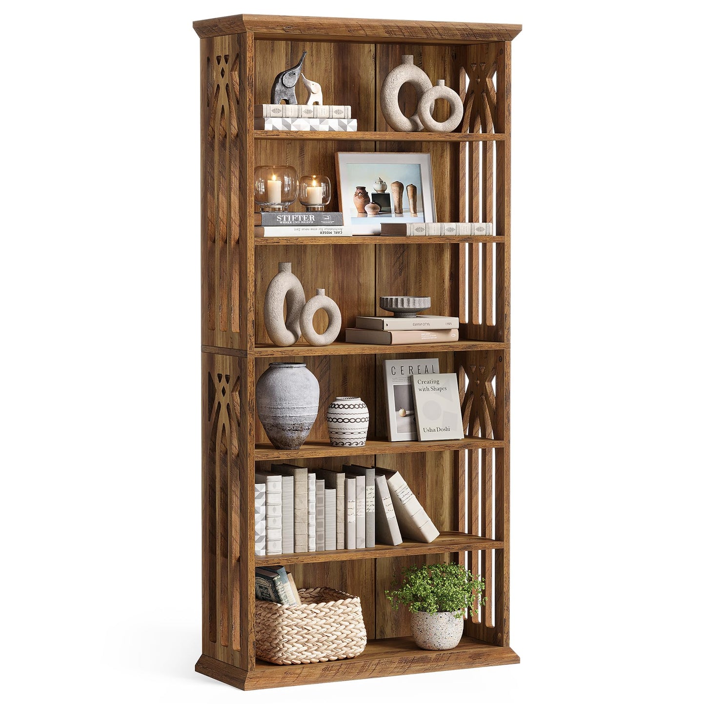 LITTLE TREE 6-Tier Bookcase, 75-Inch Farmhouse Bookshelves and Bookcases, Floor Standing 6 Shelf Wooden Display Storage Shelves Tall Bookcase for Home Office, Living Room, Bed Room, Brown