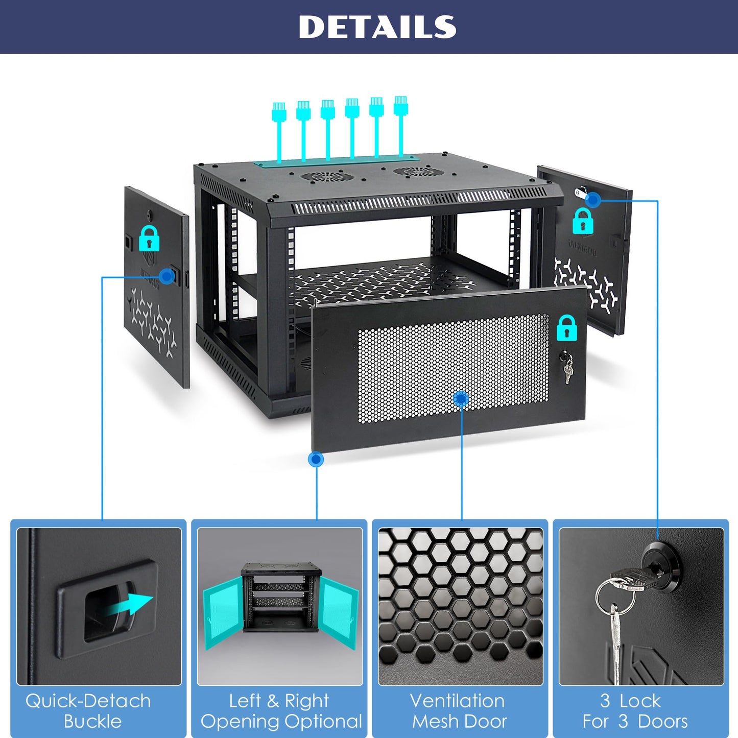 OCEANHUG 12U Wall Mount Server Cabinet with A Lockable Front Vented Door, Cooling Fans, Removable Side Panels - 60cm Depth, 19" Network Rack Including 2 PCS Full-Size Rack Shelves for IT Equipment