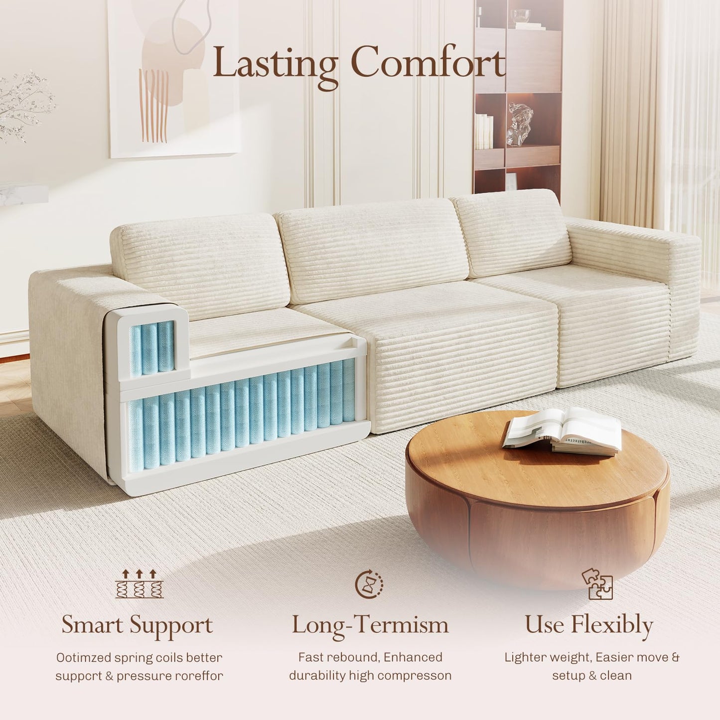 119" Modular Sofa Set, Corduroy Cloud Sectional Couch with Extra Deep Seating & Reinforced Spring System, Compact 3-Seater Boneless Sofa for Living Room & Apartment Spaces, Tool-Free Setup, Beige