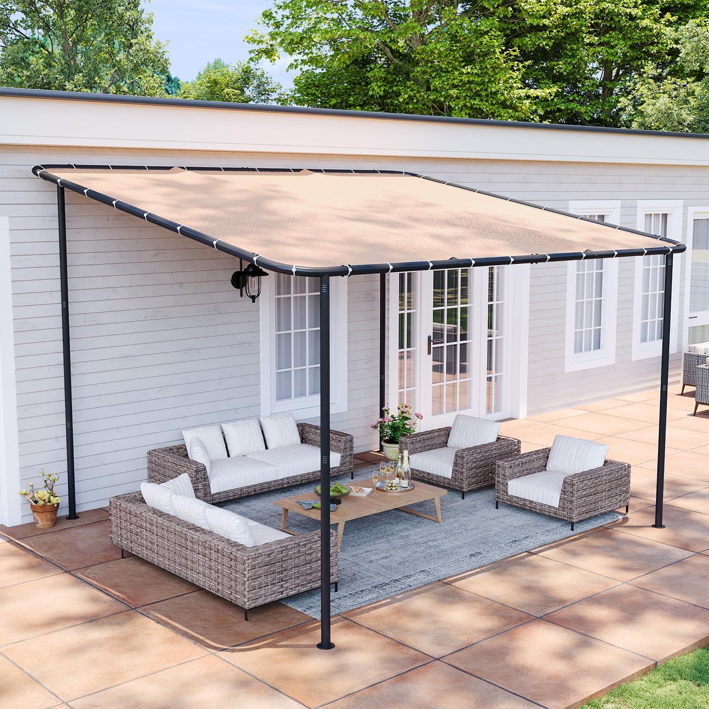 Aoxun 10x12 Lean to Gazebo Outdoor Pergola with Water Resistant & UV-Resistant, Wall-Mounted Canopy Sloped Roof Awning for Patio Backyard, Deck, or Garden Khaki