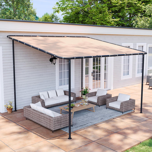 Aoxun 10x12 Lean to Gazebo Outdoor Pergola with Water Resistant & UV-Resistant, Wall-Mounted Canopy Sloped Roof Awning for Patio Backyard, Deck, or Garden Khaki