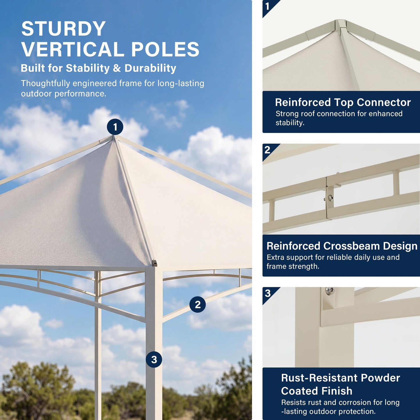 LAUSAINT HOME 10x10 Outdoor Shade Canopy Gazebo for Patio Lawn & Garden, UV50+ Sun Protection Gazebo with 180G Polyester Fabric, Sturdy Powder Coated Metal Frame, Includes 8 Ground Stakes, Beige