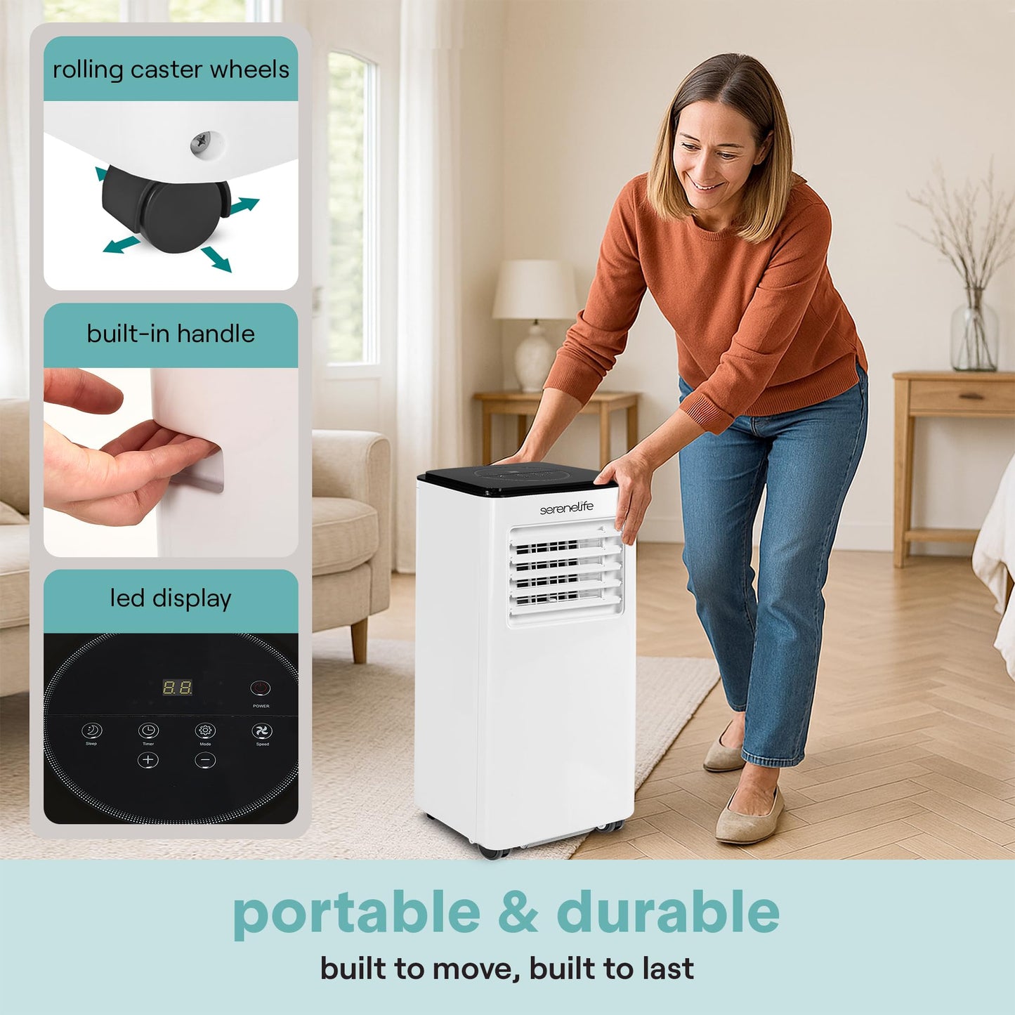 SereneLife 8000 BTU Portable Air Conditioner, Compact 3-in-1 Portable AC for Room Up to 350 Sq Ft with Dehumidifier & Fan Function, Remote Control, Window Mount Kit, Single Duct, 13" x 11" x 26"