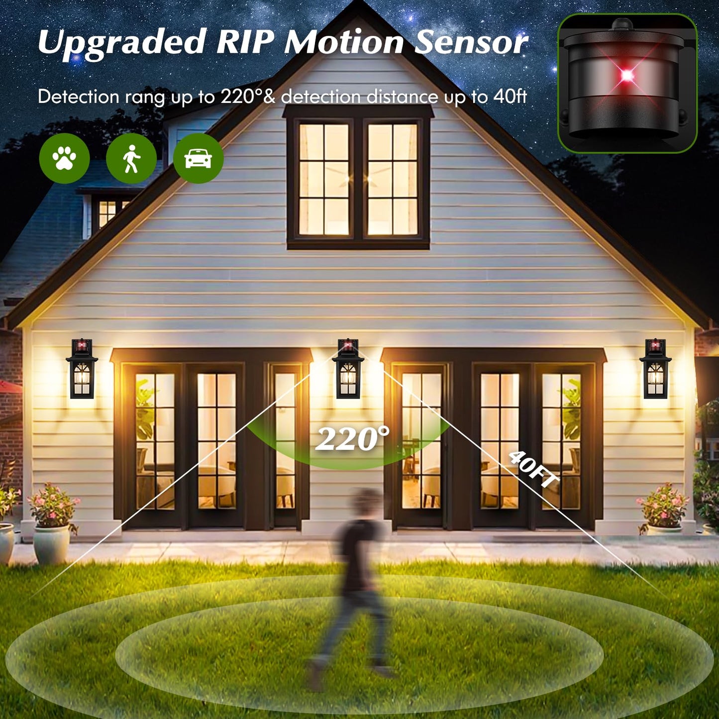 BesLowe 2-Pack Motion Sensor Outdoor Wall Lights, Black, Aluminum, 12.6in Sconces, Dusk to Dawn, 3 Lighting Modes, Model 1046AR-B