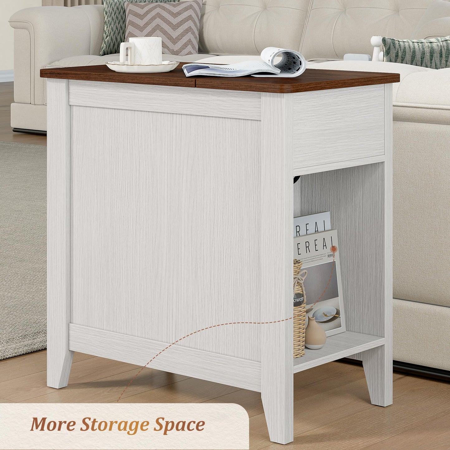 Alohappy End Table Set of 2 with Charging Station, Narrow Side Table with Hidden Flip Top & Power Strip, Farmhouse Nightstand with Drawer and Storage Cabinet for Living Room, Bedroom (2, White)