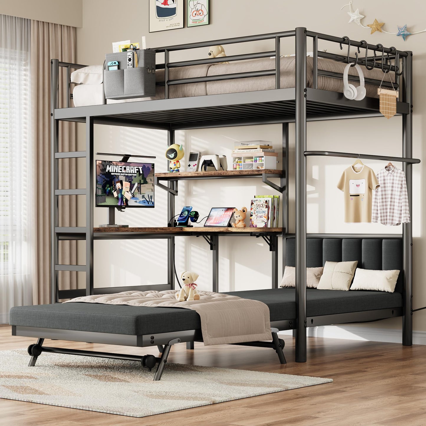 Jocoevol Twin Loft Bed with Mattress, Dual-Access Bed, Pull-Out Folding Bed & L-Shaped Desk, Heavy Duty Metal Bunk Bed Frame with Safety Guardrails, Charging Station & Adjustable Shelves (Dark Black)