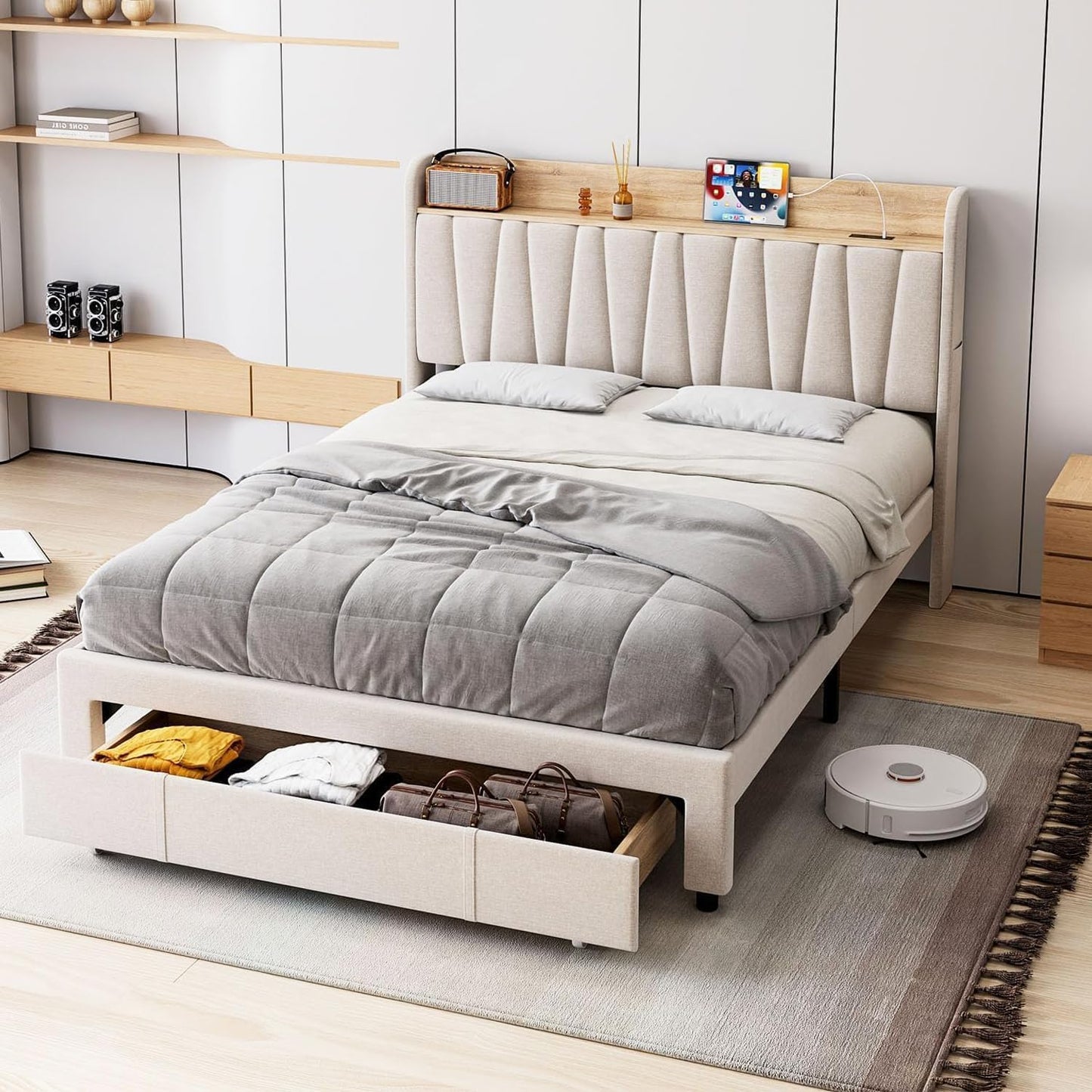 IDEALHOUSE Upholstered Bed Frame with Storage Headboard and Charging Station, Platform Bed Frame with Drawers, Heavy Duty, No Box Spring Needed, Easy Assembly, Beige, Queen Size