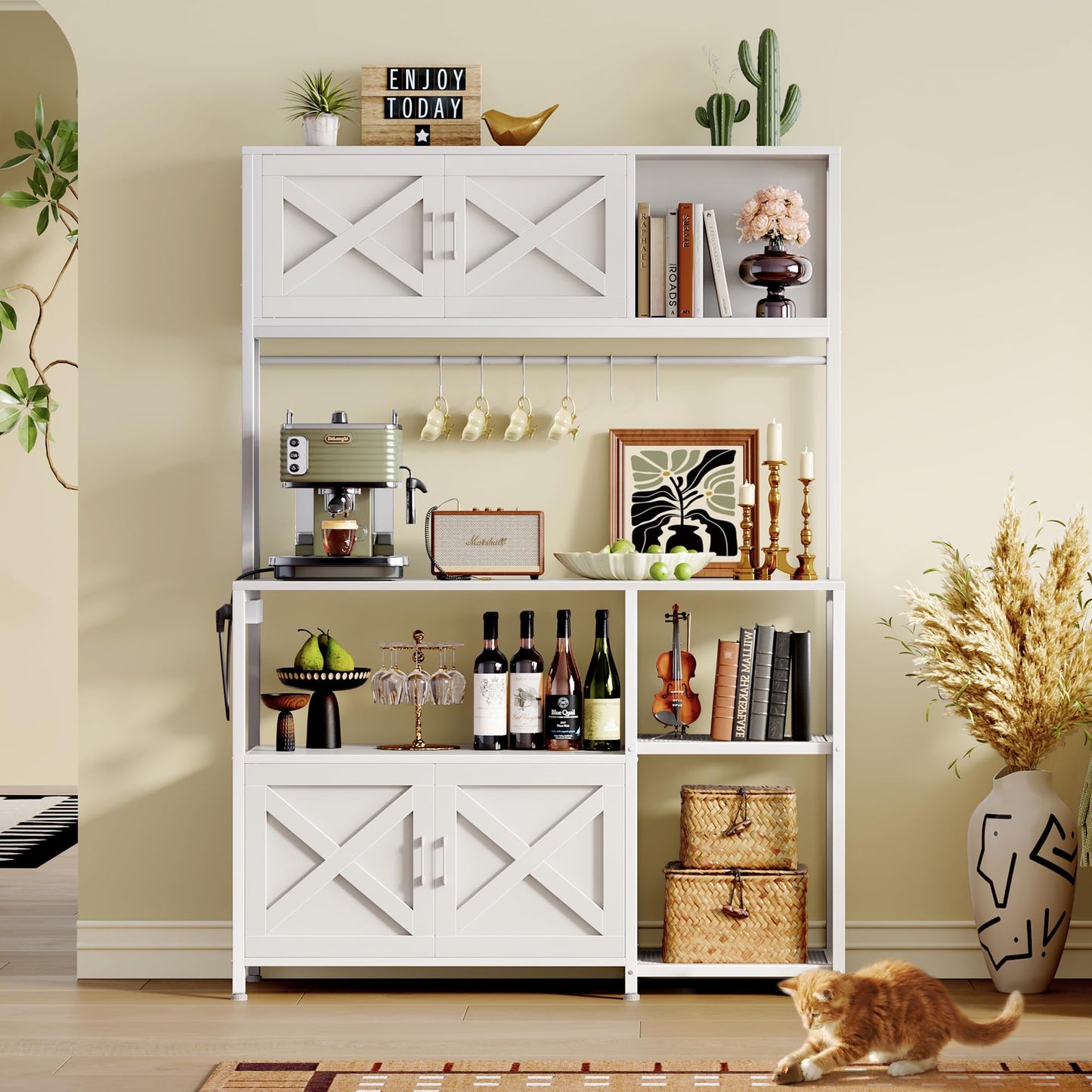 Huuger Large Bakers Rack with Power Outlet, Kitchen Microwave Stand with Cabinets, Coffee Bar Table Station with Storage, 6 S-Shaped Hooks, Mesh Shelves, 45 Inch Wooden Top, White