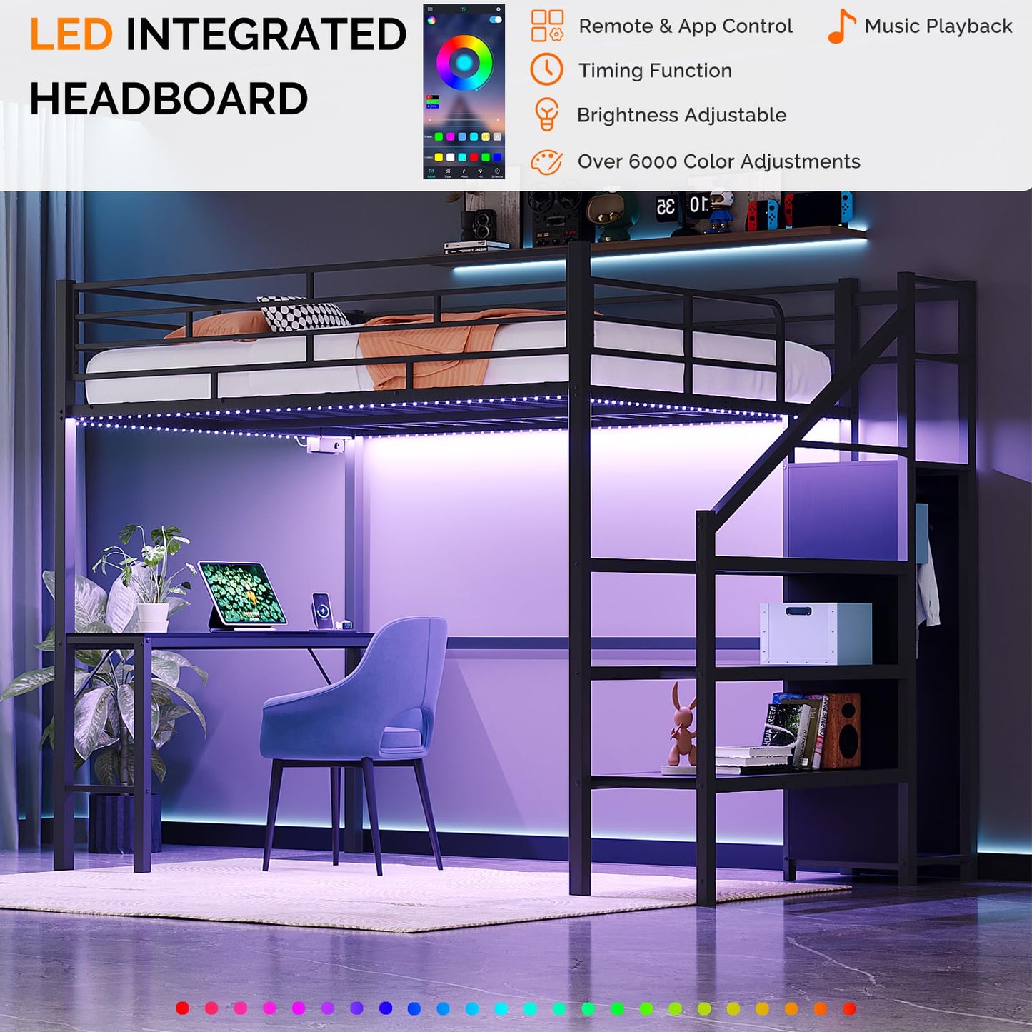 VINGLI Full Size Loft Bed with Desk and Storage Stairs, 15-inch Extra Tall Guardrail, Metal High Sleeper Bed with 2 Charging Stations and LED Lights, Space Saving Bed for Teens/Adults, Black