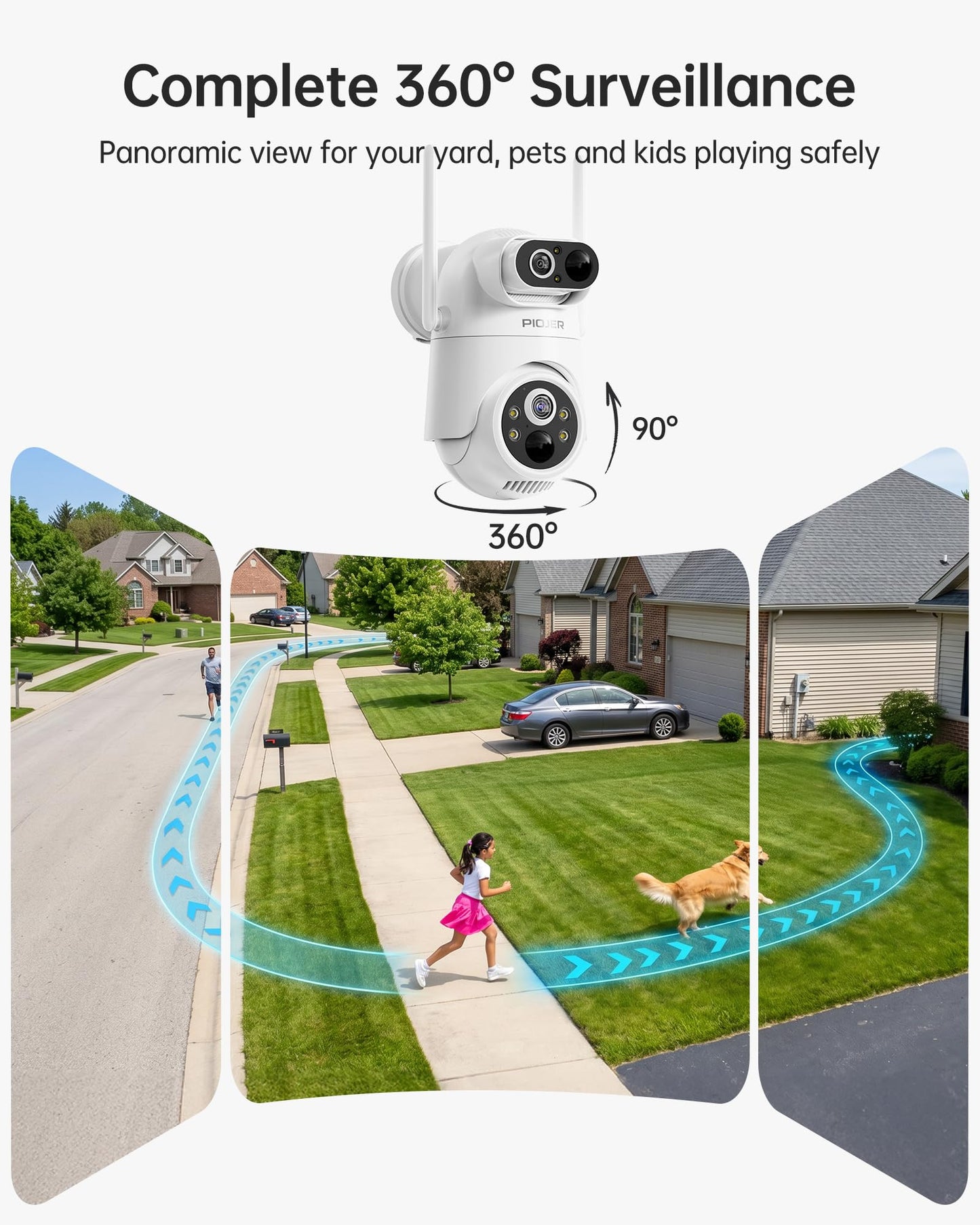 PIOJER Solar Security Camera Wireless Outdoor Dual-Lens 2K(2MP Wide-Angle & 2MP PTZ) Cameras System for Home Color Night Vision 32GB Local Storage PIR AI Human Detection No Subscription Fee 4Pack