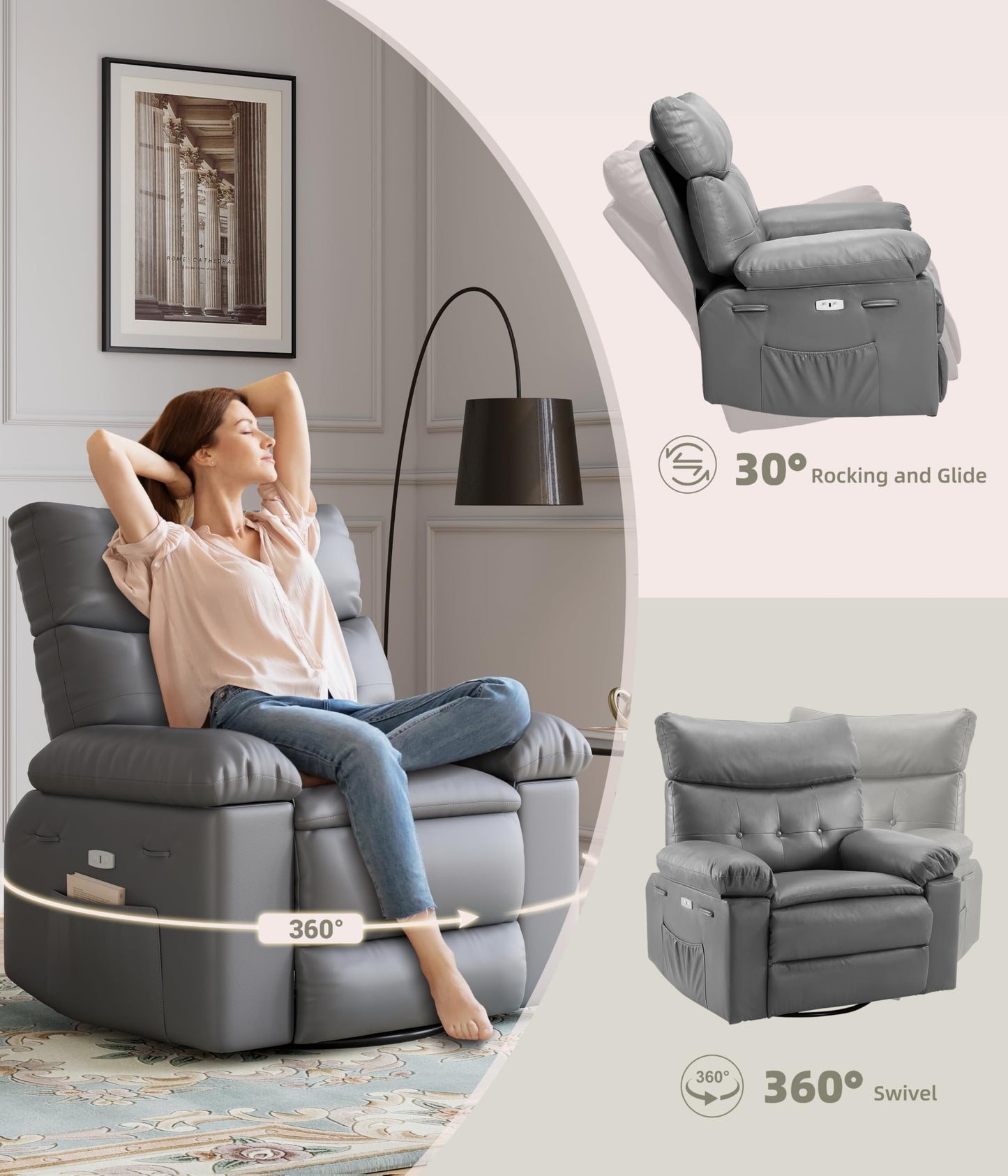 IDEALHOUSE Power Recliner Chair with Massage and Heat, Leather Fabric Reclining Sofa Chair, 360° Swivel Recliner Chairs with Cup Holder for Living Room, Bedroom, Nursery, Grey1
