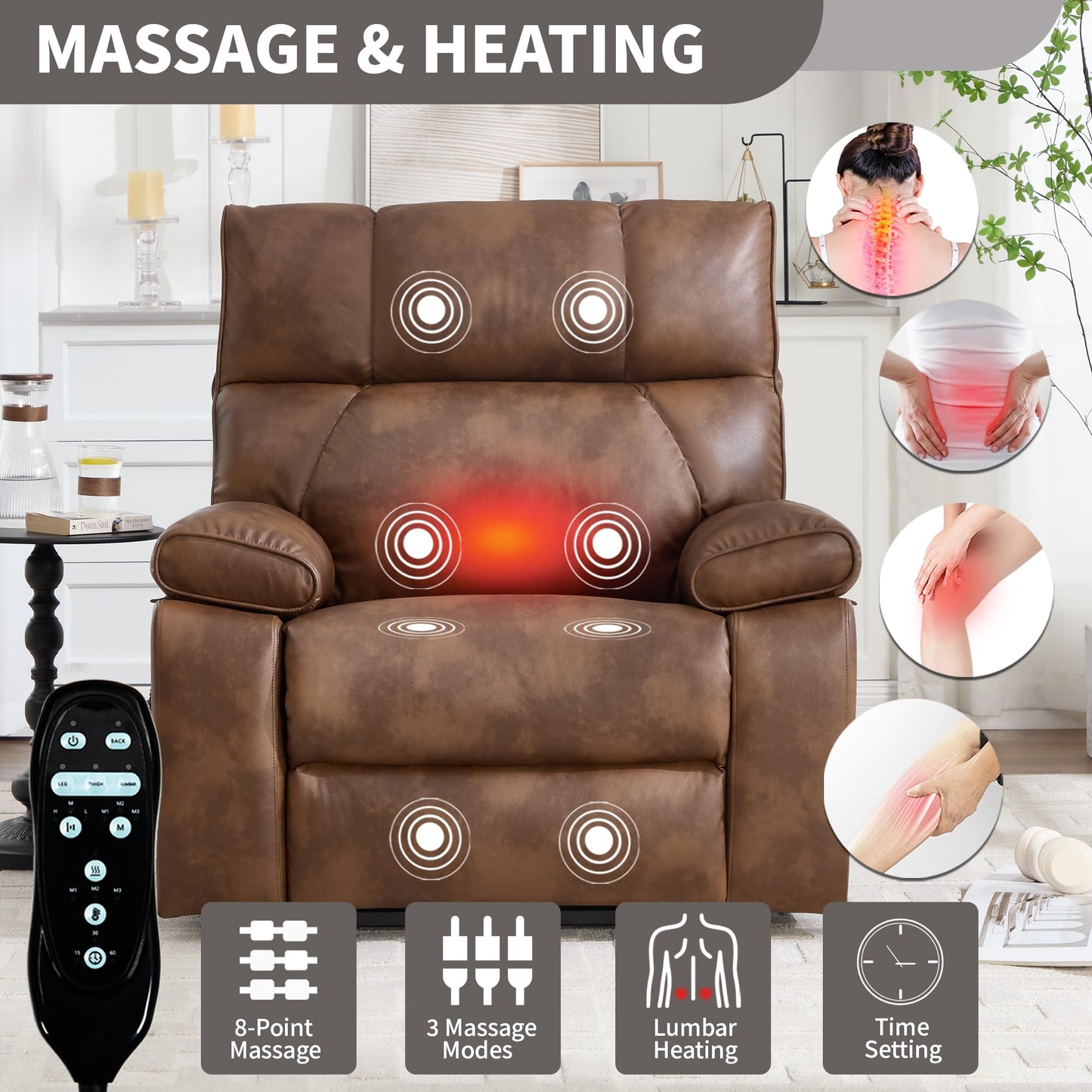KEIKI Leatheraire Oversized Electric Power Lift Recliner Chair with Heat & Massage, Dual Motor, Infinite Positions, Hidden Cup Holders, Medium-Firm, Heavy Duty Up to 350 lbs, Light Brown