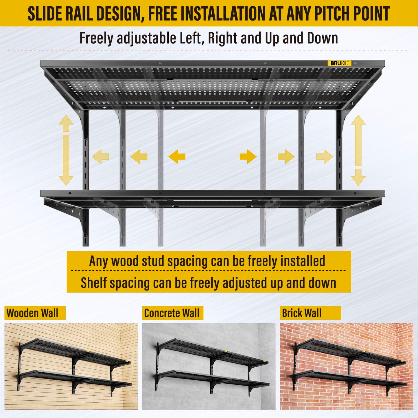Brukid 2-Pack×2 Tier 1.3x3ft Garage Shelving Wall Mounted, 15.6x36inch per Shelf Height Cassette Adjustable Floating Shelves（Total 4pcs）(Black)