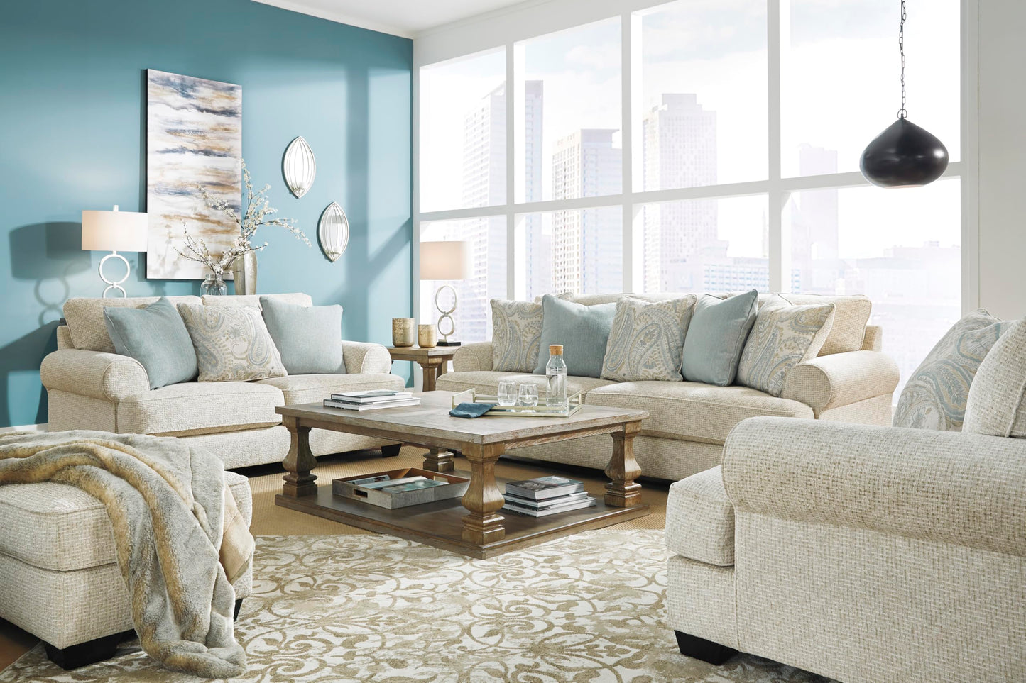 Signature Design by Ashley Monaghan Vintage Loveseat with Accent Pillows, Reversible Cushions and Rolled Arms, Beige