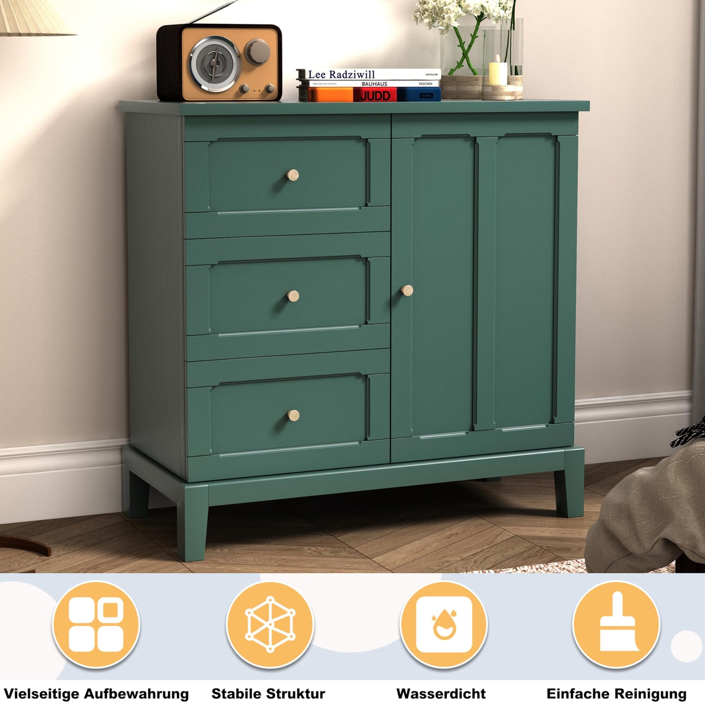 HLR Accent Cabinet with 3 Drawers and Door, Wooden Storage Cabinet with Shelves, Sideboard for Living Room, Entryway, Green