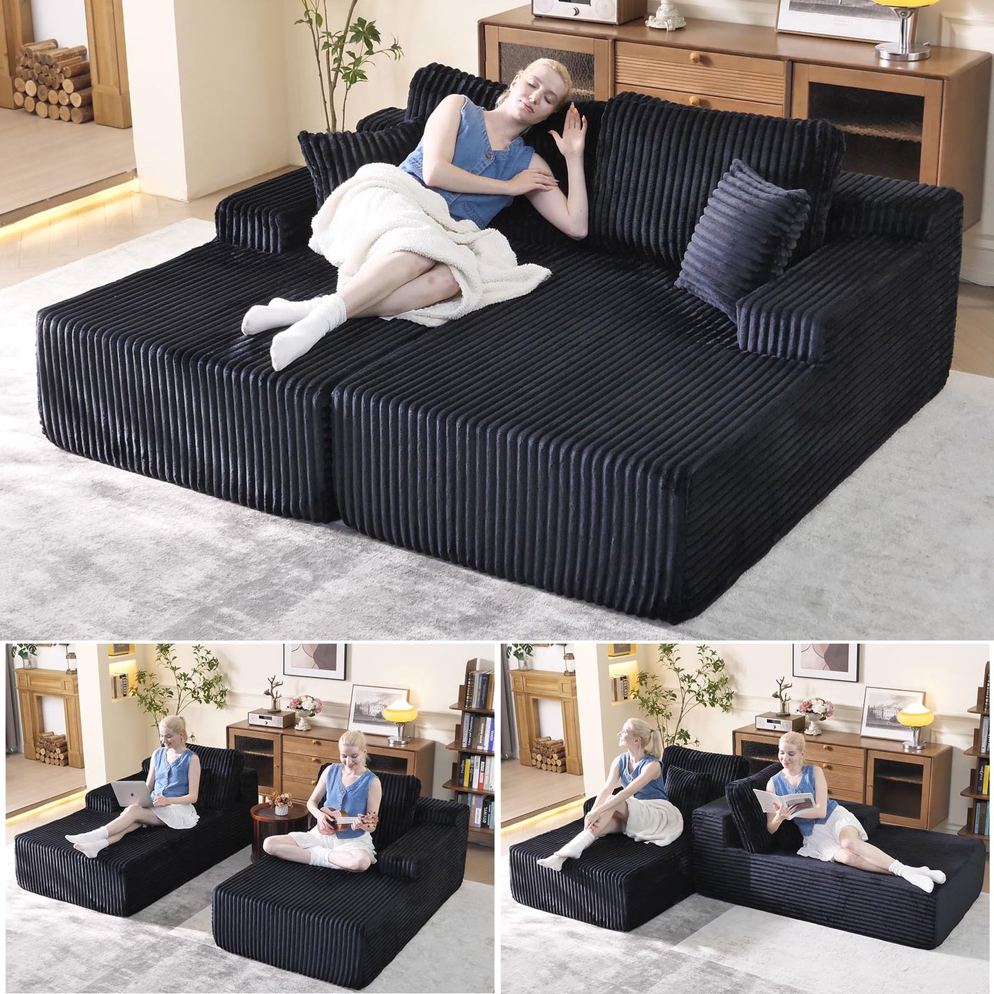 WHGBJA Oversized 79” Double Chaise Lounge Sofa Bed, Deep Seat Corduroy Cloud Loveseat Chair, No Assembly, Plush Upholstered Sleeper for Living Room or Bedroom (Dark Black)