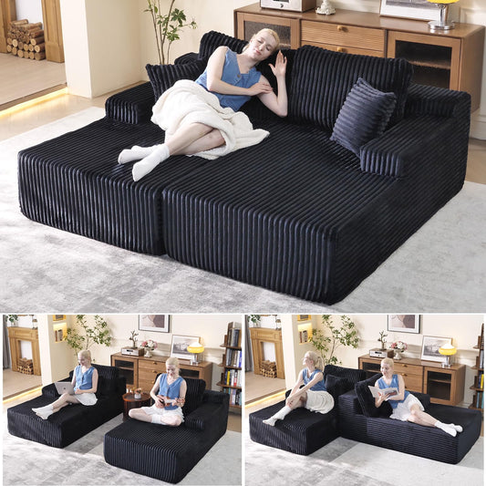 WHGBJA Oversized 79” Double Chaise Lounge Sofa Bed, Deep Seat Corduroy Cloud Loveseat Chair, No Assembly, Plush Upholstered Sleeper for Living Room or Bedroom (Dark Black)
