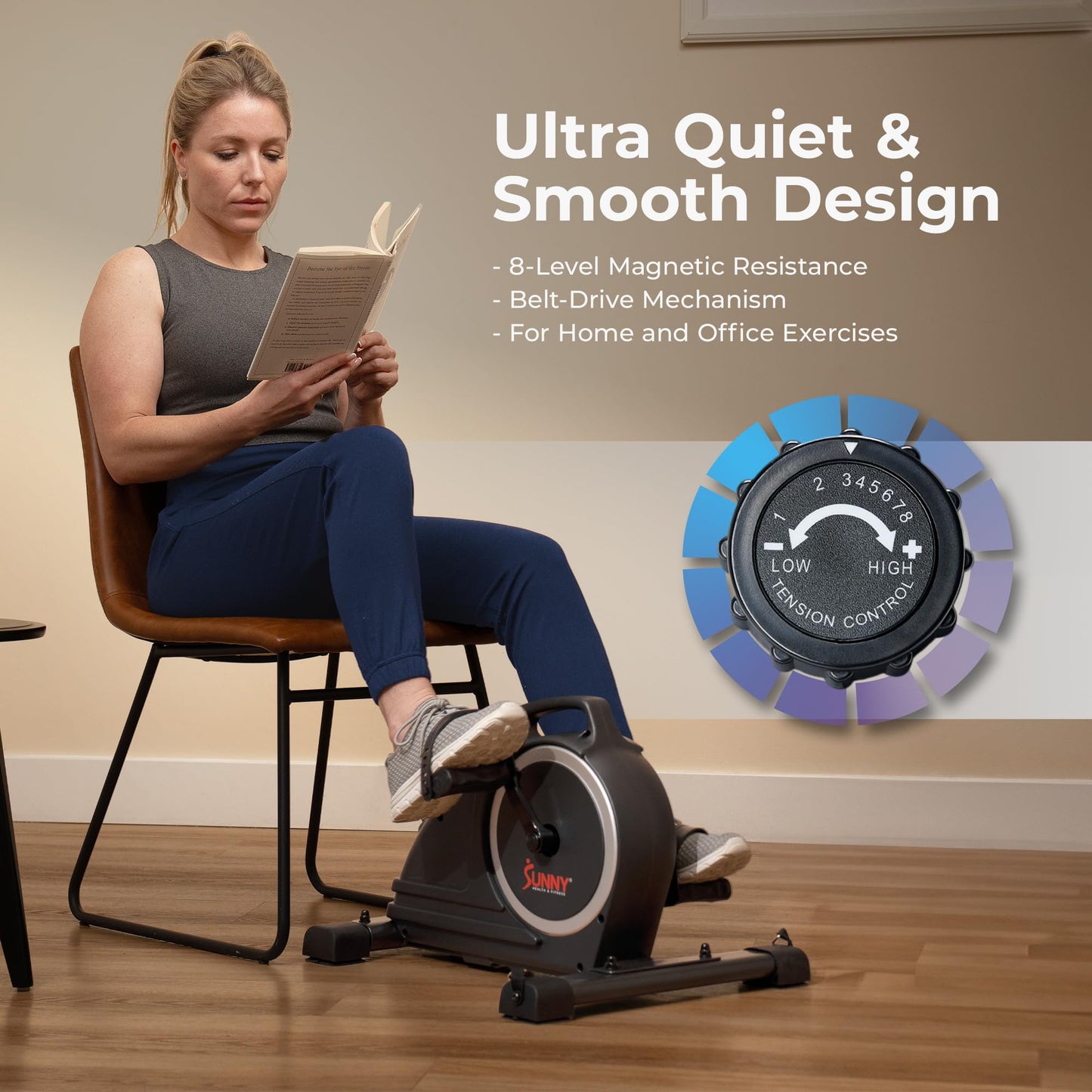 Sunny Health & Fitness Magnetic Compact Under-Desk Mini Exercise Bike, Indoor Full Body Cardio Training Machine w/Resistance Bands, Pedal Exerciser w/Free SunnyFit App Connectivity – SF-B020026SMART