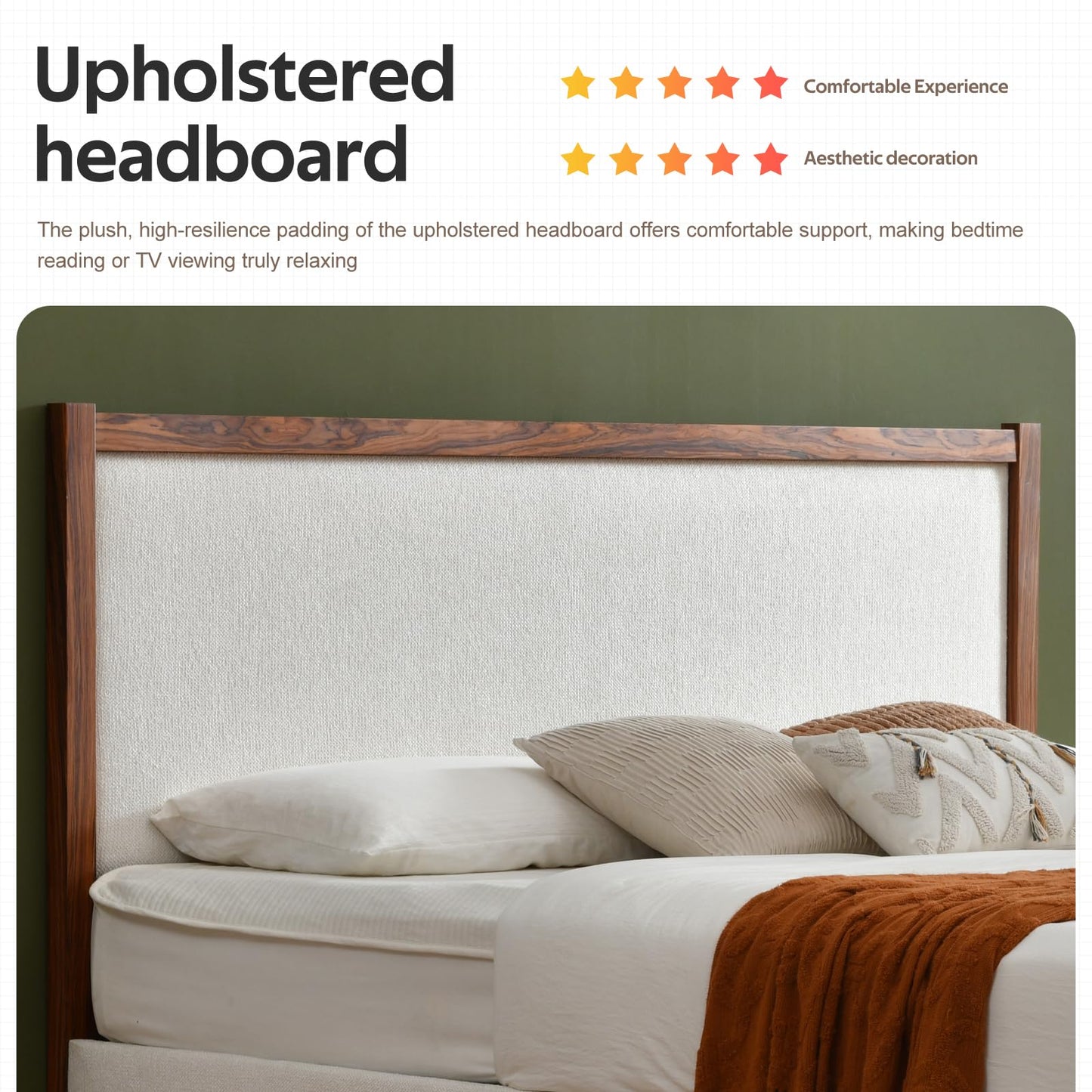 YUHUASHI King Upholstered Platform Bed Frame with Solid Wood Trim Headboard, Linen Fabric Upholstery, Sturdy Slat Support No Box Spring Needed, Easy Assembly (Cream, King (U.S. Standard))