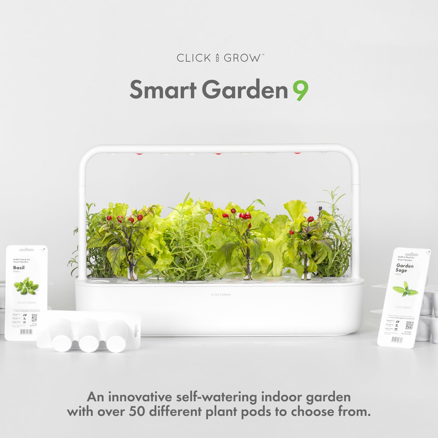 Click & Grow Indoor Herb Garden Kit with Grow Light | Easier Than Hydroponics Growing System | Smart Garden for Home Kitchen Windowsill | Vegetable & Herb Garden Starter Kit with 9 Plant pods, Gray