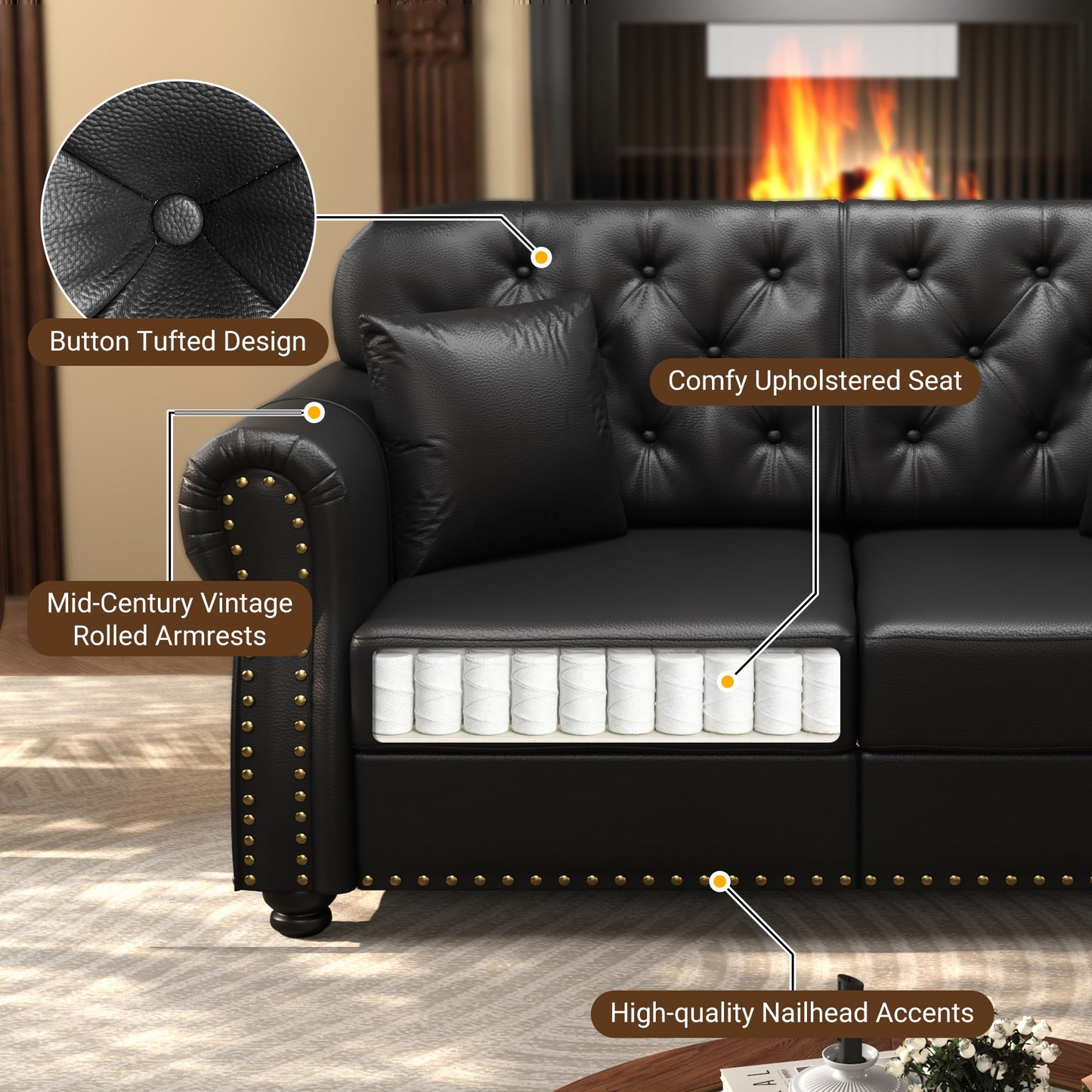 KEIKI 3-Piece Chesterfield Sofa Set with 1 Faux Leather 3-Seater Sofa & 1 Loveseat & 1 Single Sofa, 6-Seater Couch Set with Nailhead Trim & Rolled Arms & 1 Ottoman & 6 Pillow, for Living Room, Black
