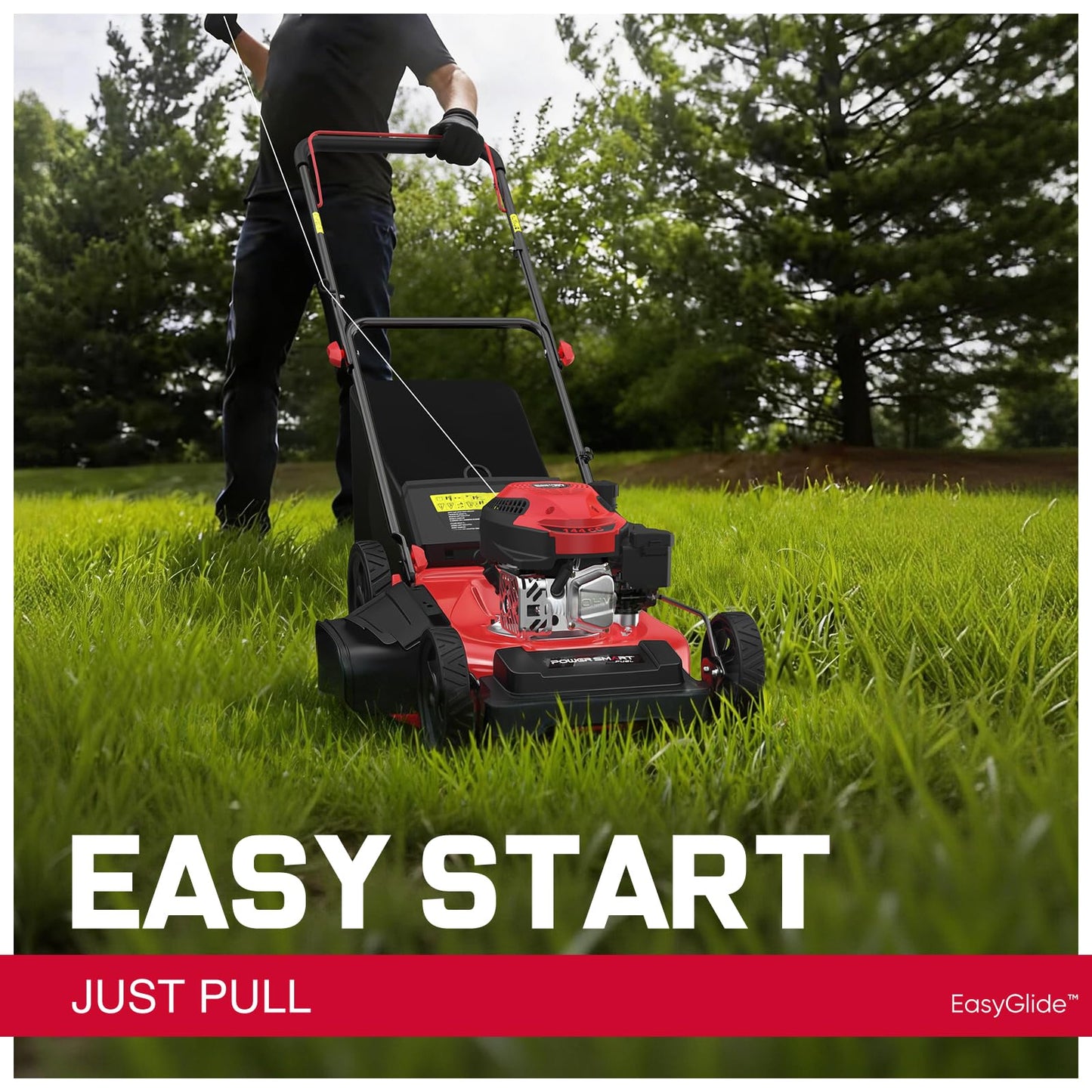 PowerSmart EasyGlide 21-Inch Gas Lawn Mower, 144cc 4-Stroke OHV Engine, Push Walk-Behind, 3-in-1 Mulch/Bag/Side Discharge, Steel Deck, 6 Height Adjustment