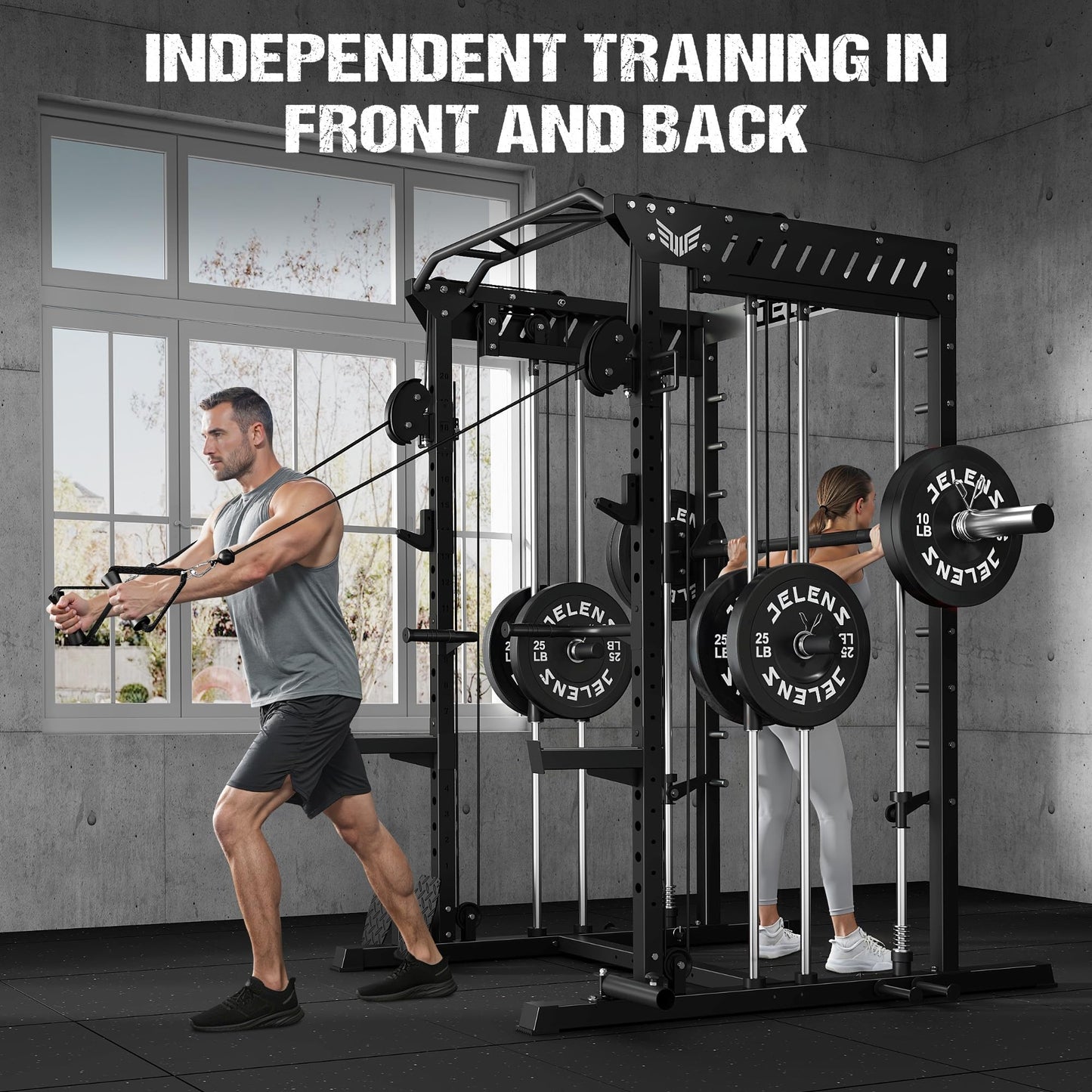 JELENS M21 Smith Machine, Multi-Function Power Cage with Dual Pulley Cable Crossover System, 2000LBS All-in-One Squat Rack with Smith Bar and Attachments (Black, M21 Home Gym Package)