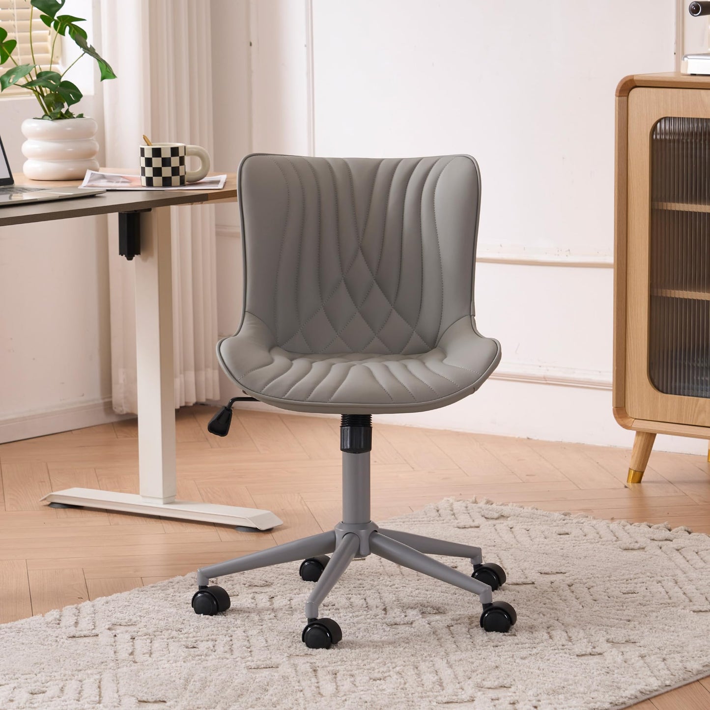 YOUTASTE Grey Armless Office Chair, Modern Adjustable Swivel Desk Chair with Wheels, Upholstered PU Leather, Gray Metal Legs, Back Support for Home Office, Study, Vanity, Bedroom