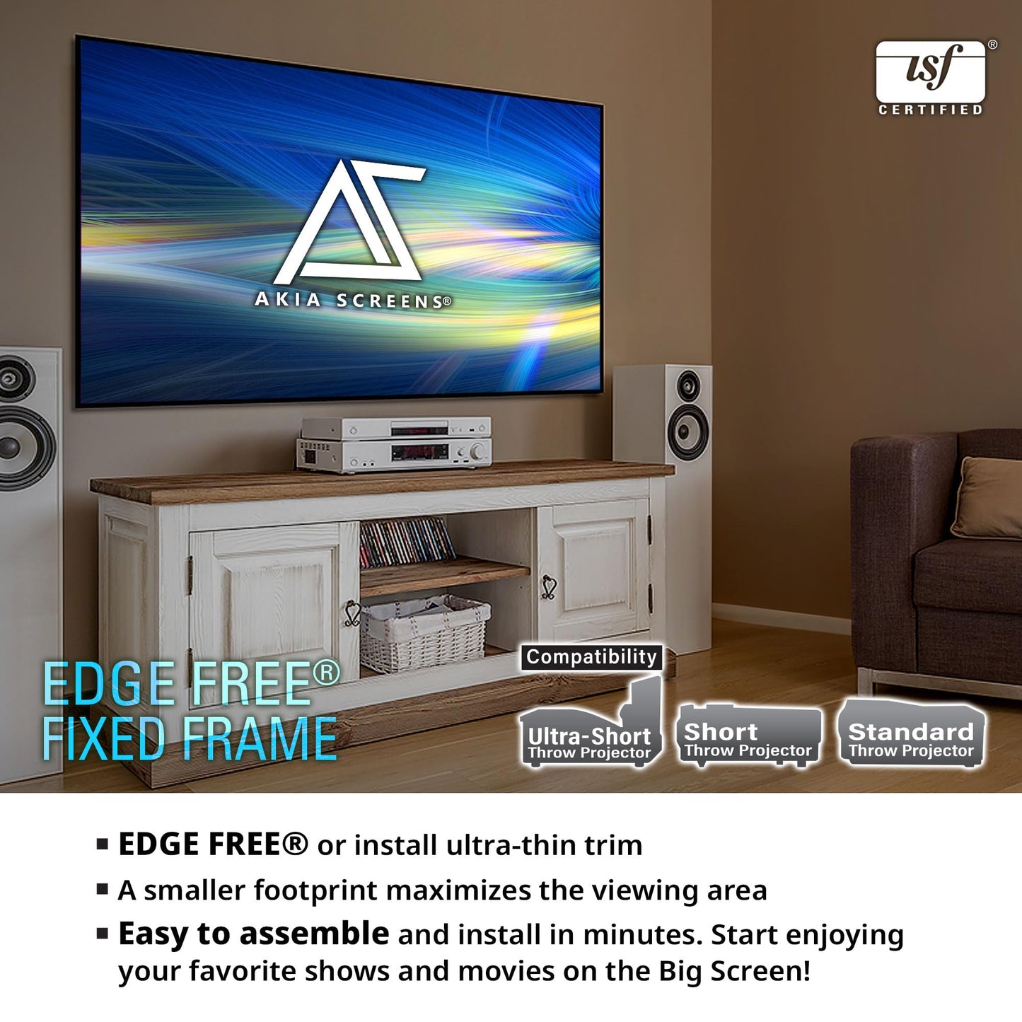 Akia Screens 145 Inch Edge Free Fixed Frame Projector Screen 16:9 8K 4K Ultra HD 3D Ready CINEWHITE UHD-B 1.3 Gain Wall Mounted Indoor Home Theater Screen for Projector – AK-NB145H.