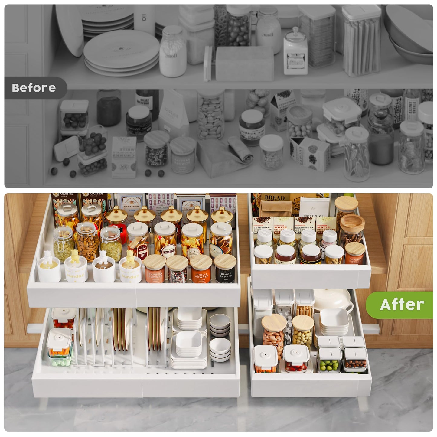 Seinloes 6 Pack Pull Out Cabinet Organizers 21" Deep With Raising Pad for Framed Cabinets, Expandable Slide Out Drawers with 4pcs Divider Racks, Roll Out Shelves, Adjustable Width 12"-20.45" White