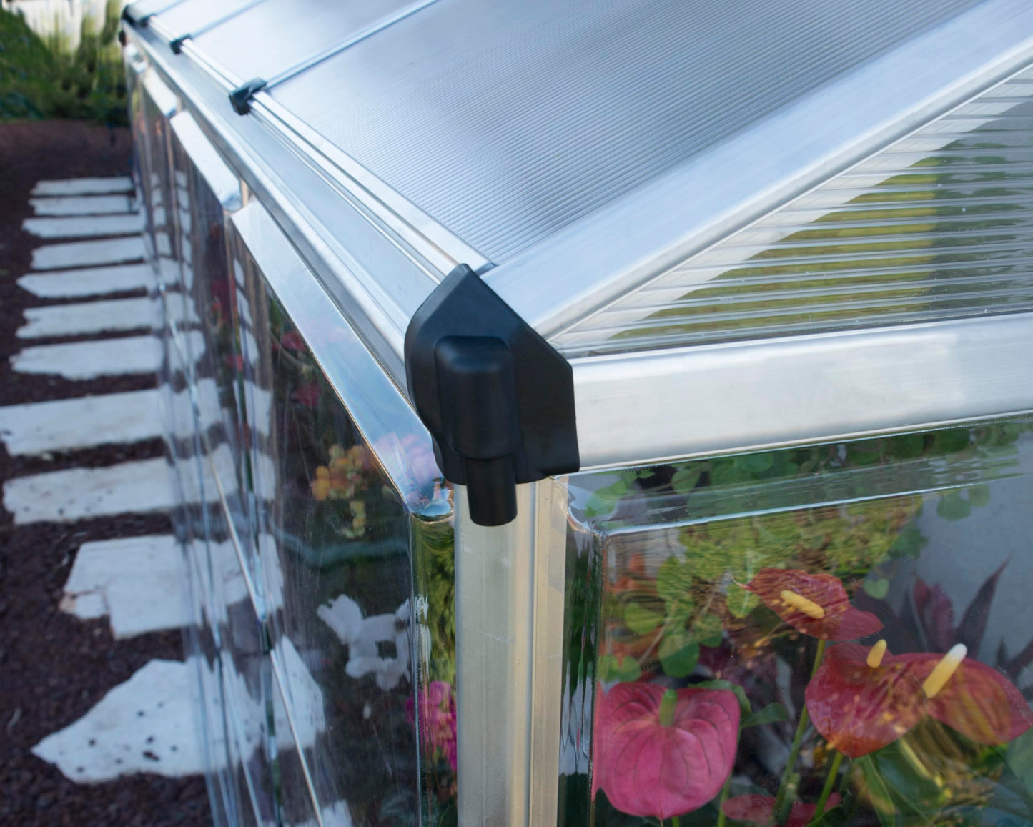 Palram - Canopia 4x8 Lean-To Greenhouse for Outdoors, Hobby Walk-In UV Polycarbonate Panels Heavy Duty Aluminum Frame, Lockable Door, Adjustable Roof Vent, Rain Gutters, Galvanized Steel Base, Hybrid