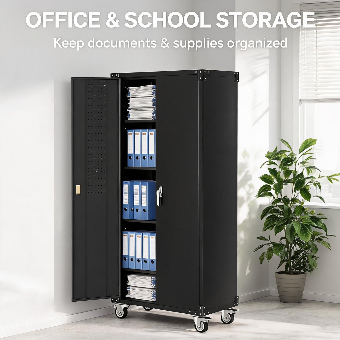 Garvee Large Metal Cabinet Two Lockable Doors Four Wheels,Four Adjustable Dividers Can Be Used As Tool File Storage Suitable for Garages Schools Gyms Offices