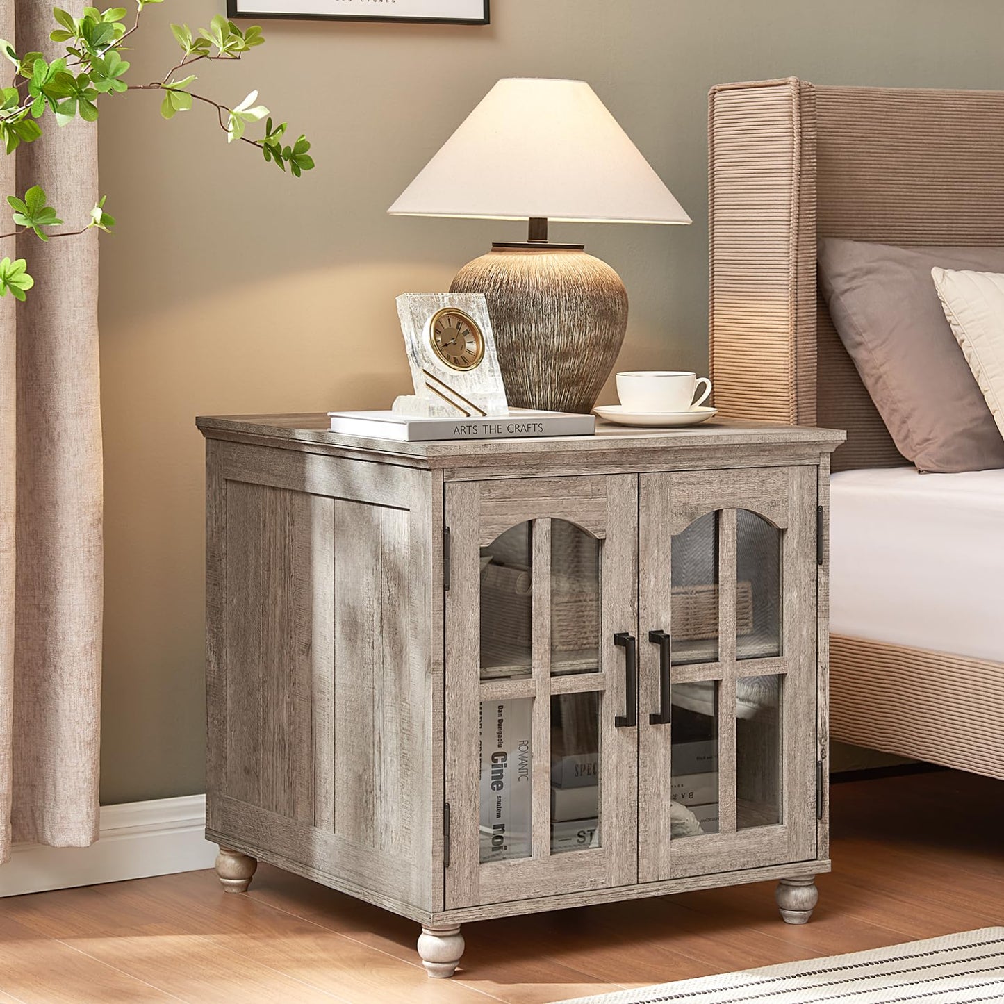 RWYHG Farmhouse End Table Set of 2 with Charging Station, 18'' Narrow Side Table and 24" Large Sofa Table with Glass Barn Door Storage, Wood Night Stand Bedside Cabinet for Living Room,Bedroom