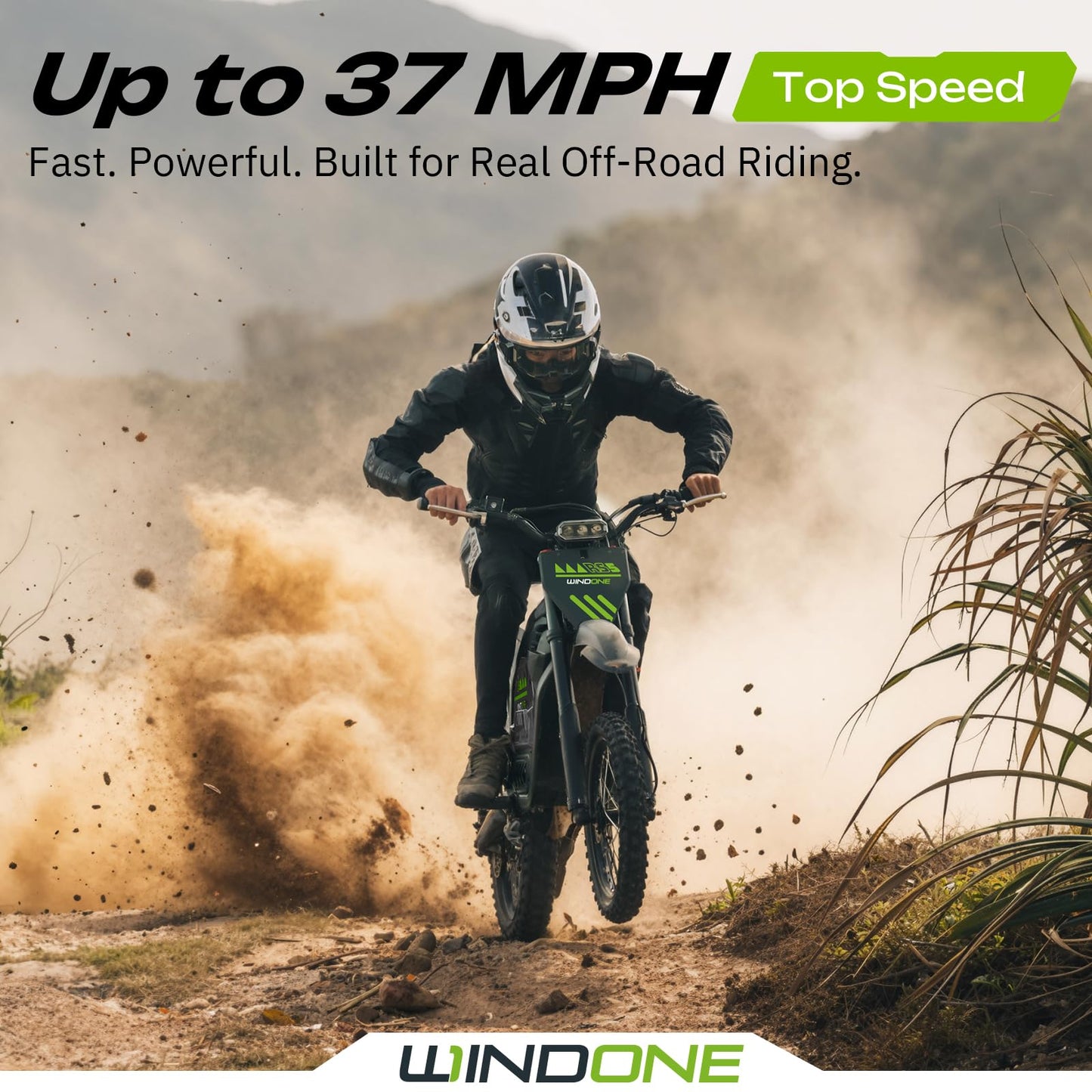 Windone RS5 Electric Dirt Bike for Teens & Adults (13+), Up to 37 MPH, 45 Miles Range, 2200W Peak Motor, 14"/12" Off-Road Tires, Hydraulic Suspension, 3-Speed Modes Electric Motorcycle (Green)