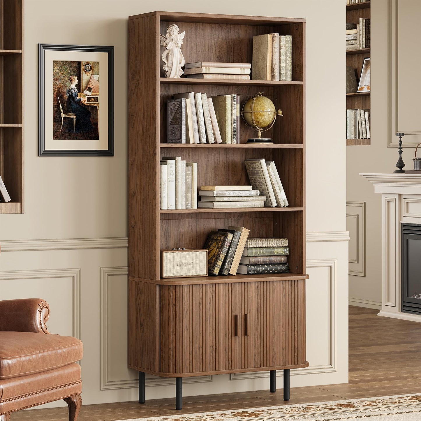 5-Tier Tall Bookshelf with Cabinet, 71" Fluted Bookcase with Sliding Door, Adjustable Display Shelf, Free Standing Cube Storage Organizer, Wood Shelving Unit for Living Room, Home Office, Walnut