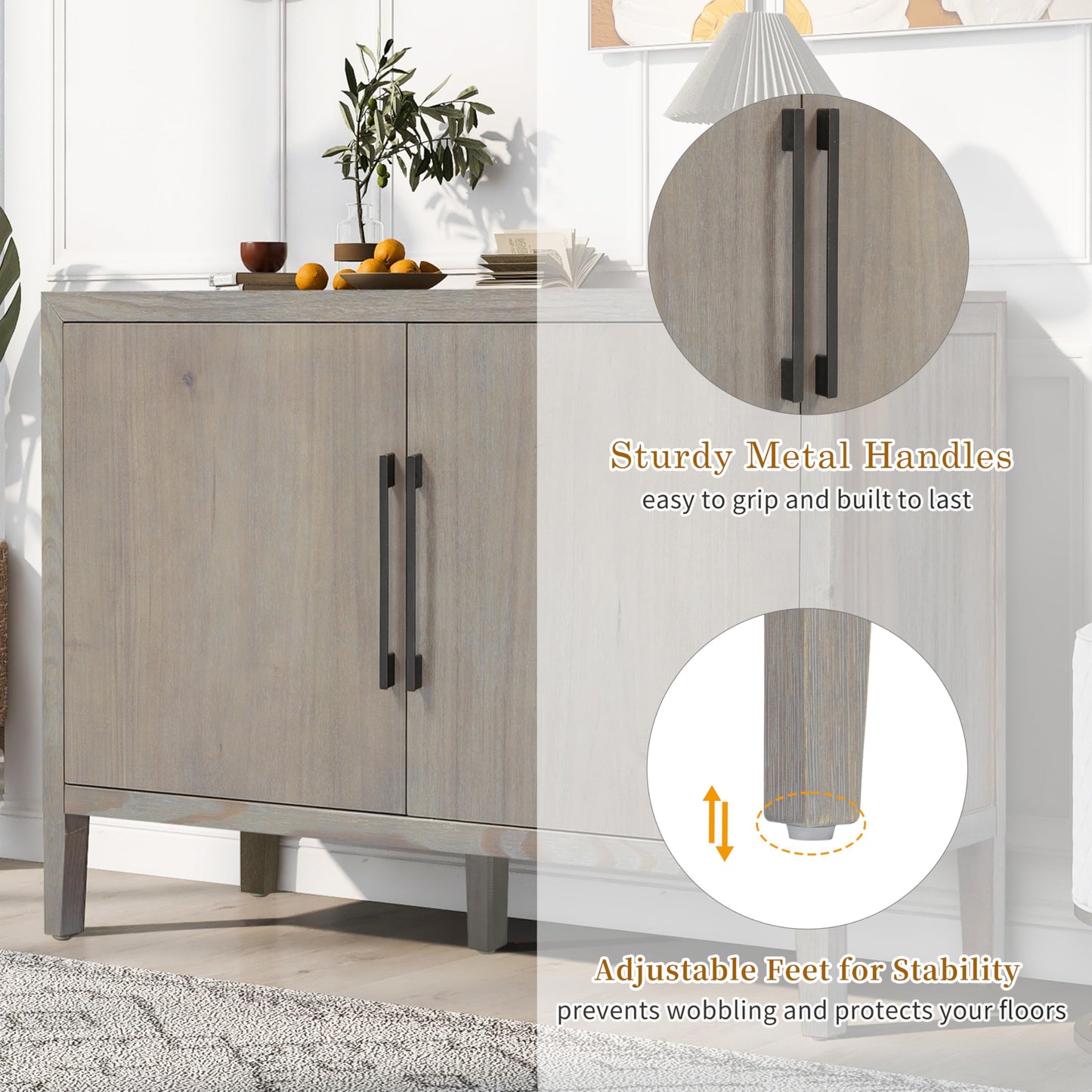 Merax Wood Farmhouse Buffet Sideboard with Metal Handles and 2 Doors, Coffee Bar Storge Cabinet Console Table for Living Room Bedroom Kitchen Hallway Gray