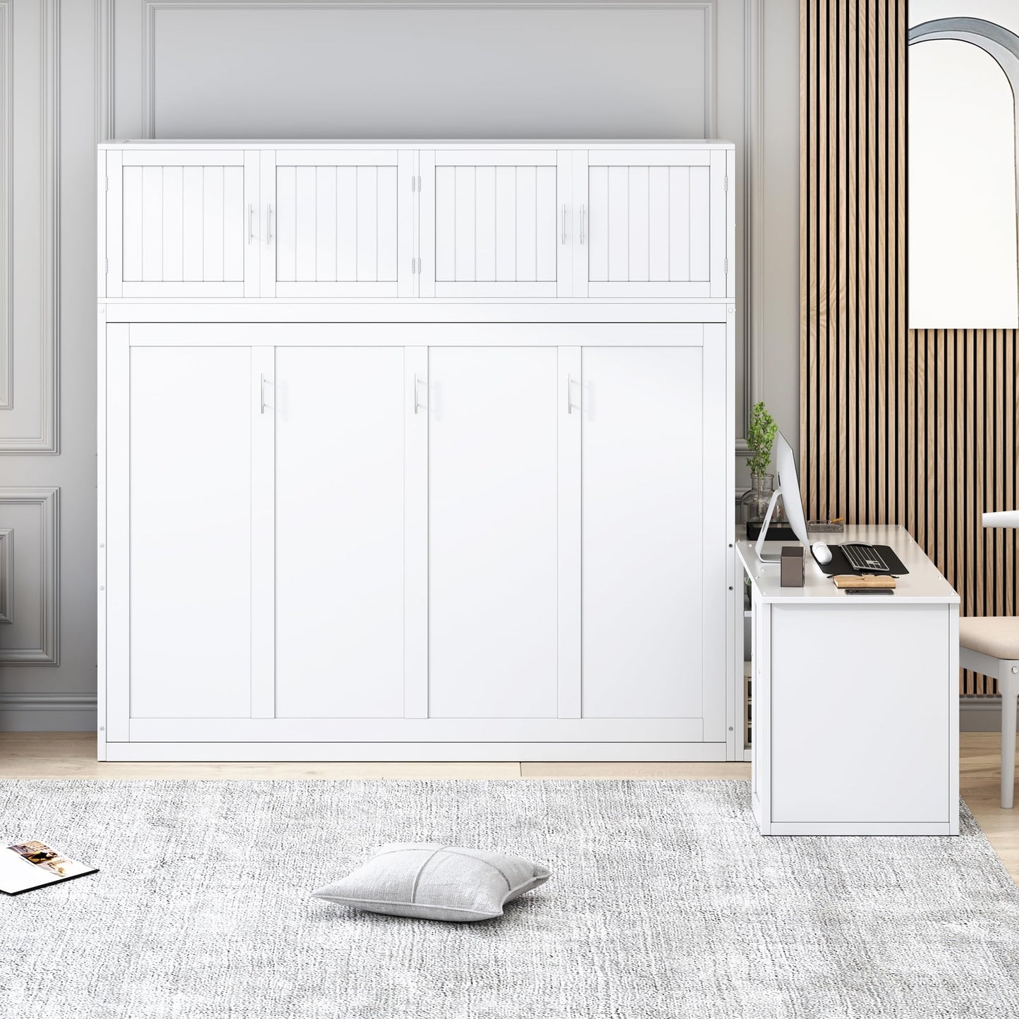 Merax Queen Size Wall Murphy Bed with Desk and Storage Shelves and Big Cabinets for Guest Room, Bed Room, Guest Room, Home Office, White