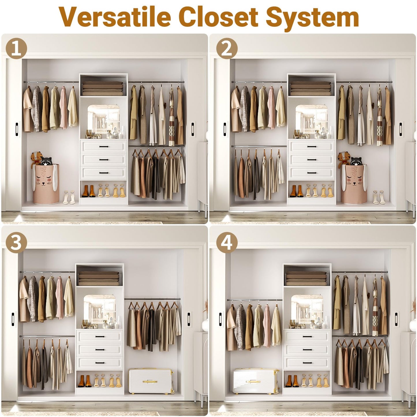 Unikito 48" W - 96” W Closet System with Mirror, 8FT Walk in Closet Organizer Kits with Drawers and 3 Extendable Hanging Rod, Sturdy Wood Clothing Garment Rack with 25” Tower, Max Load 1000 LBS, White