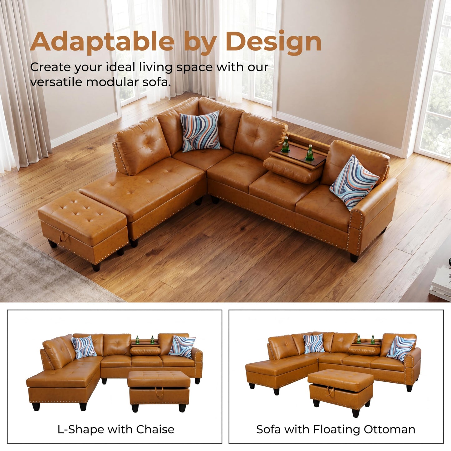 Topcomfy Leather L Shaped Sectional Couches for Living Room - 97.5“ x 69.5" Modular Sectional Sofa with Storage Ottoman, 4 Seat Home Sofa Living Room Furniture Sets with Chaise for Apartment, Ginger