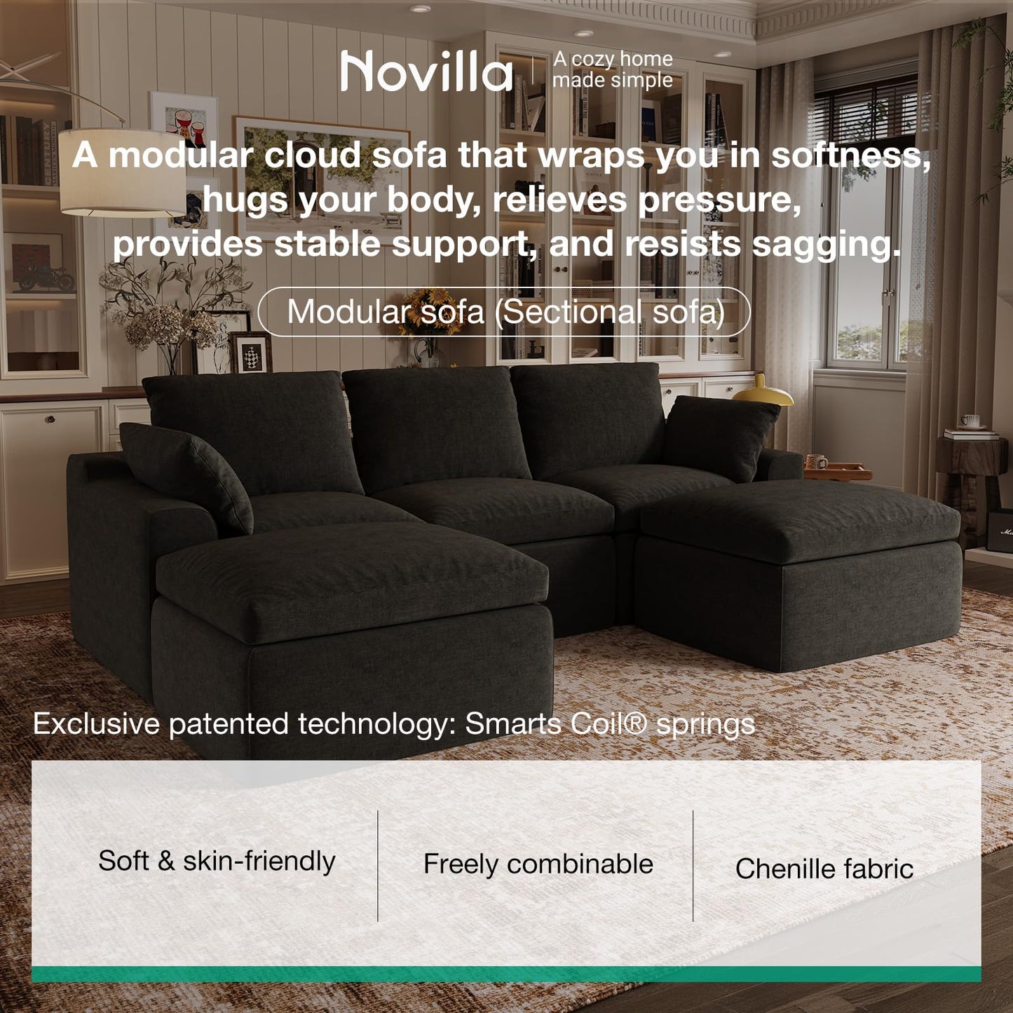 Novilla 104.3" Modular Cloud Couch, Modern Sectional Sofa with Smarts Coil® Support, Chenille Fabric, Upholstered Couch for Living Room Apartments Bedroom, No Assembly, 3 Seater + 1 Ottoman, Dark Grey