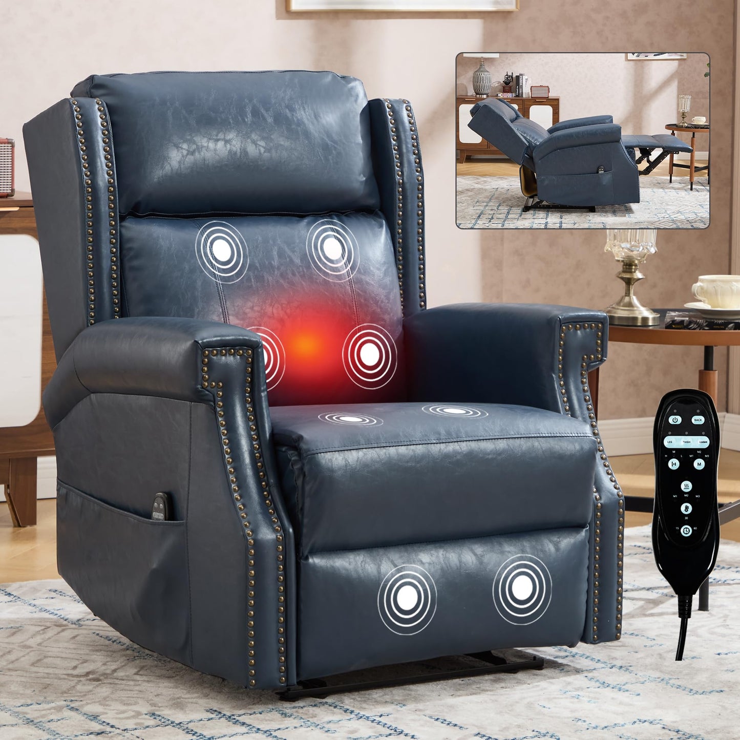 KEIKI Mid Century Modern Oversized Recliner Accent Chair for Adults, Manual Leather Recliner Chair with Back Massager and Heating for Living Room, Apartment Rocking Reading Chairs for Adults, Blue